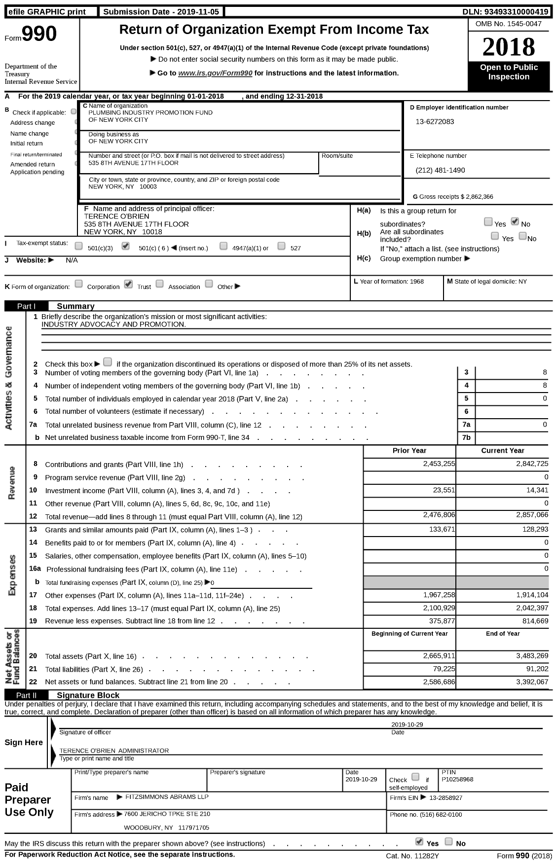 Image of first page of 2018 Form 990 for Plumbing Industry Promotion Fund of New York City of New York City