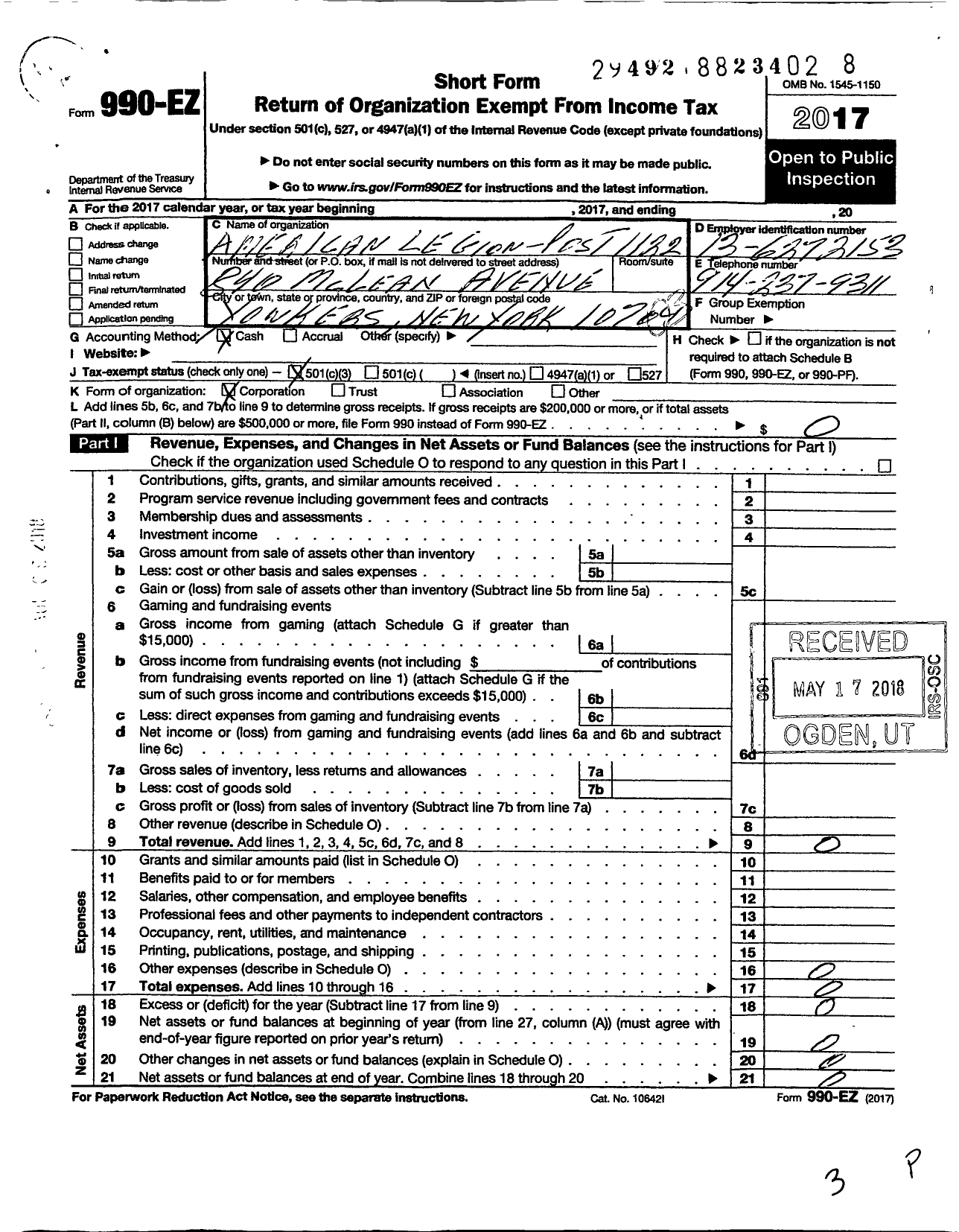 Image of first page of 2017 Form 990EZ for American Legion Post 1122