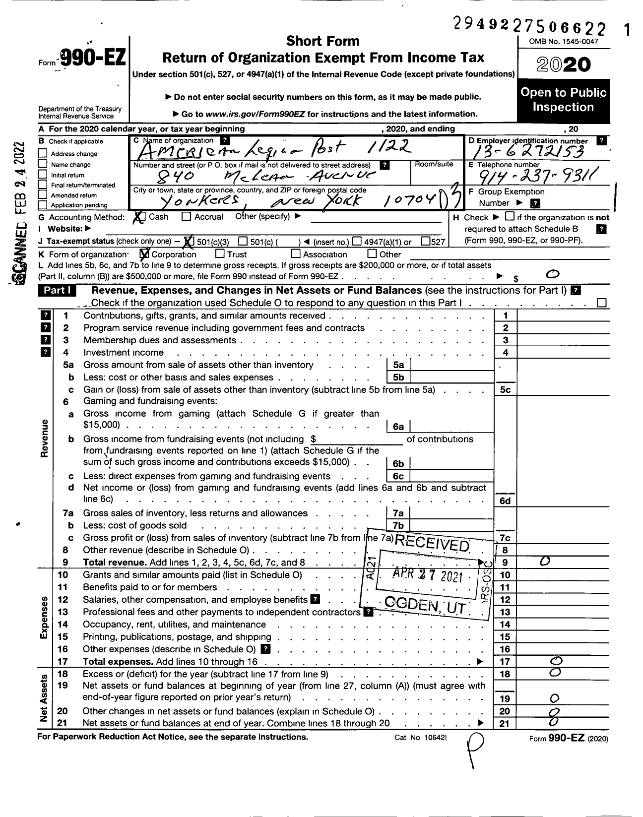 Image of first page of 2020 Form 990EZ for American Legion Post 1122