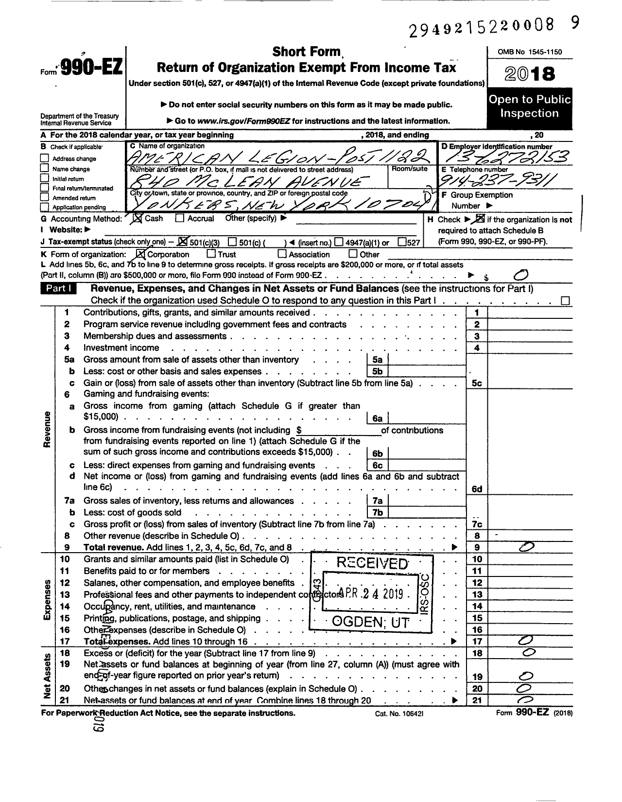 Image of first page of 2018 Form 990EZ for American Legion Post 1122