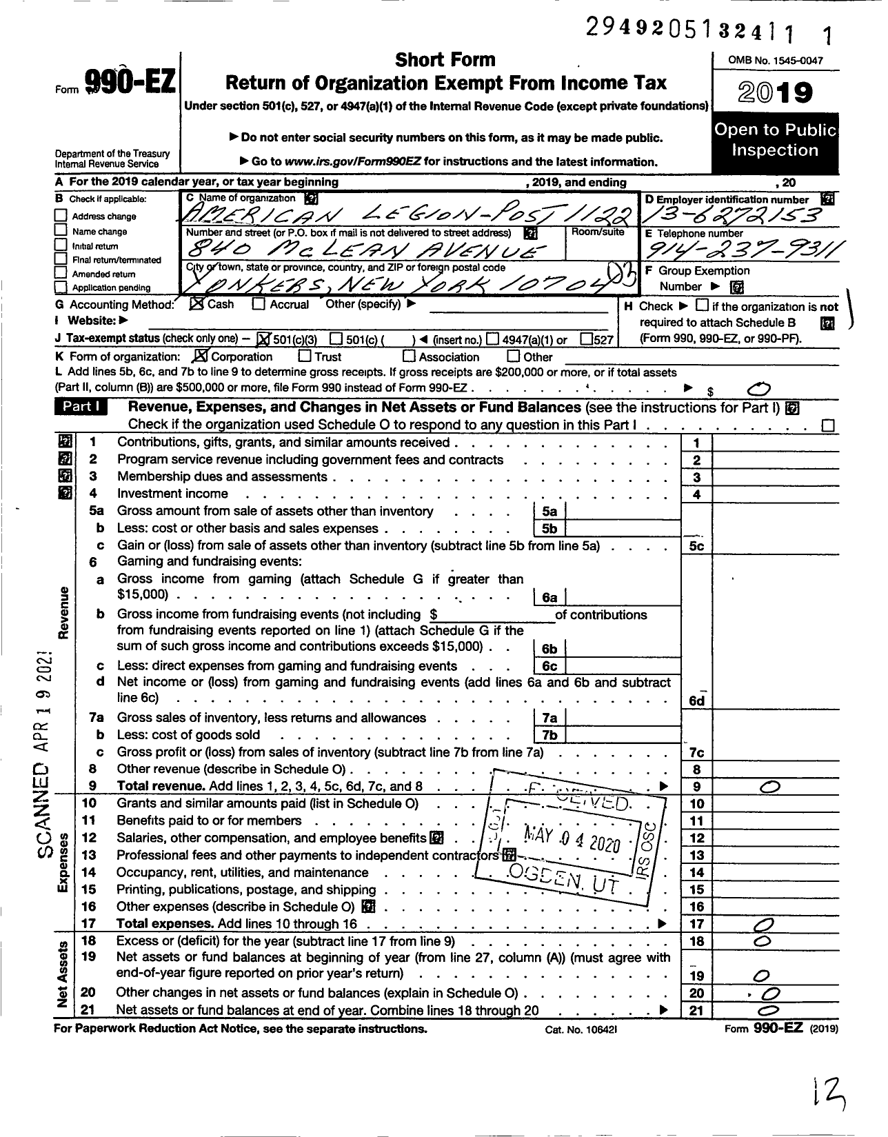 Image of first page of 2019 Form 990EZ for American Legion Post 1122