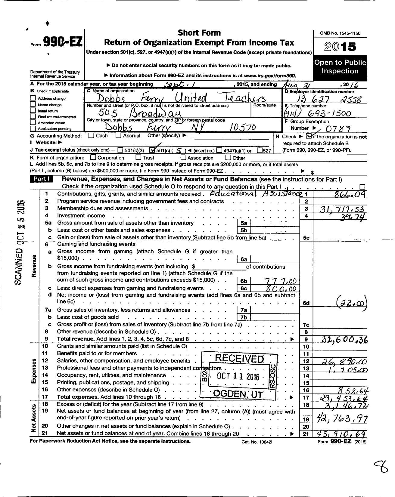 Image of first page of 2015 Form 990EO for American Federation of Teachers - 1534 Dobbs Ferr Aft