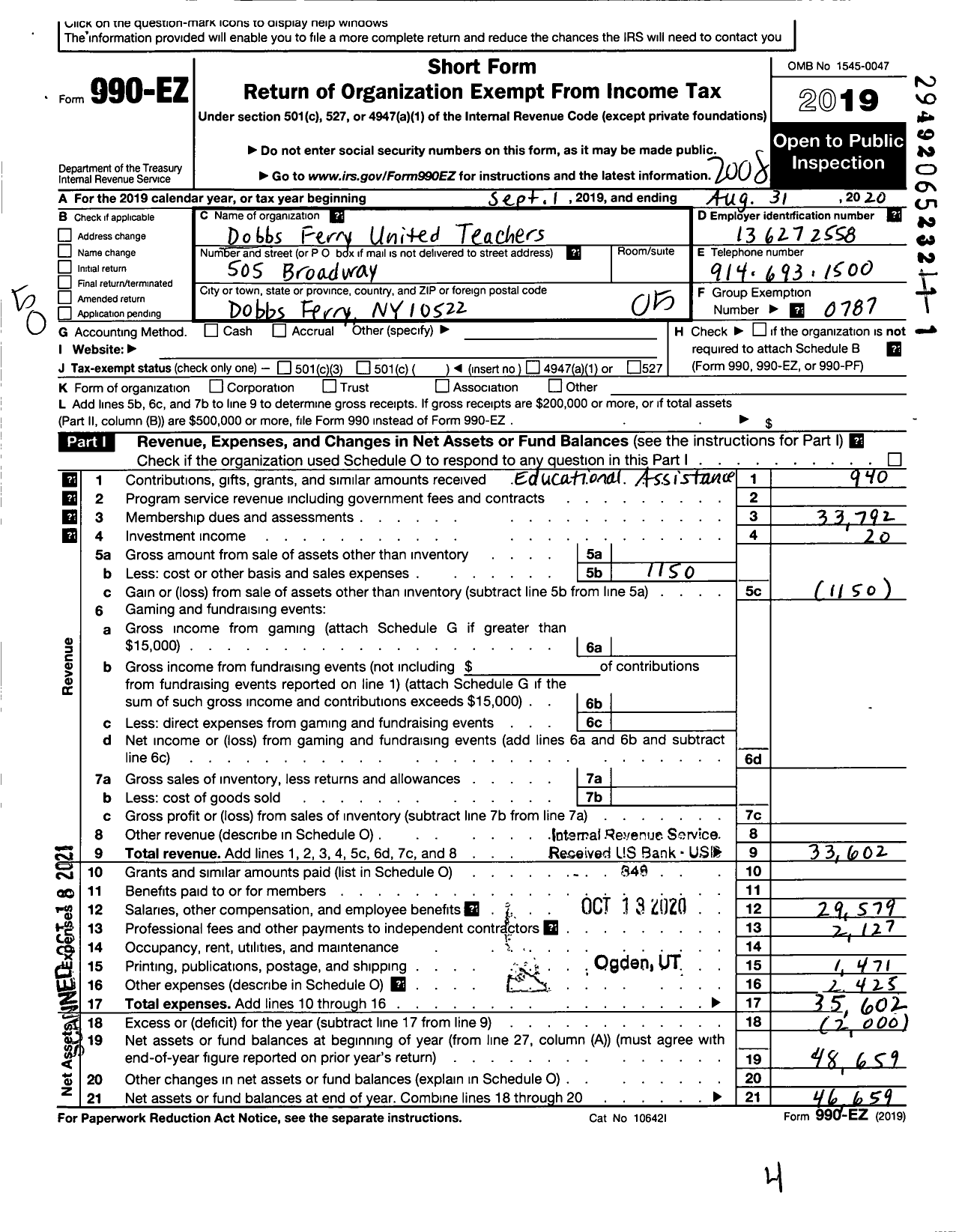 Image of first page of 2019 Form 990EO for American Federation of Teachers - 1534 Dobbs Ferr Aft