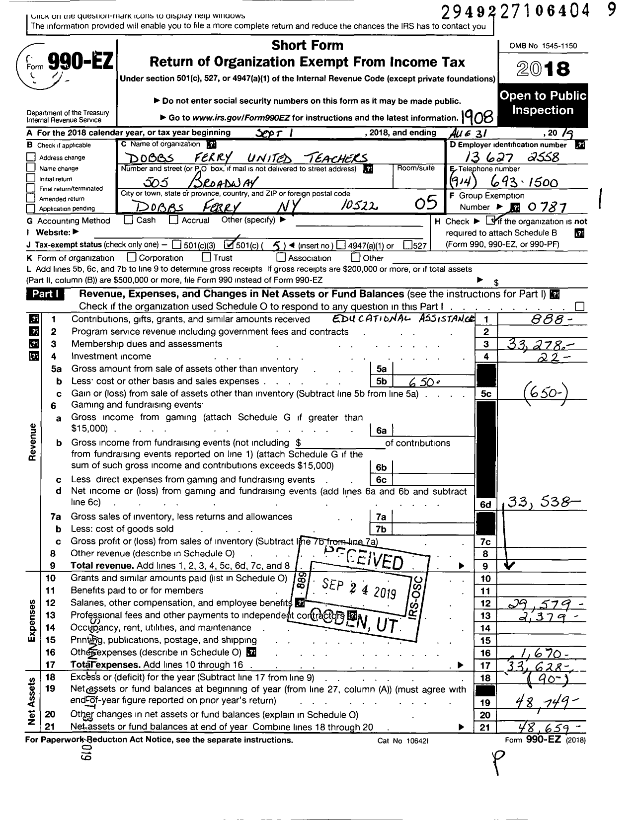 Image of first page of 2018 Form 990EO for American Federation of Teachers - 1534 Dobbs Ferr Aft