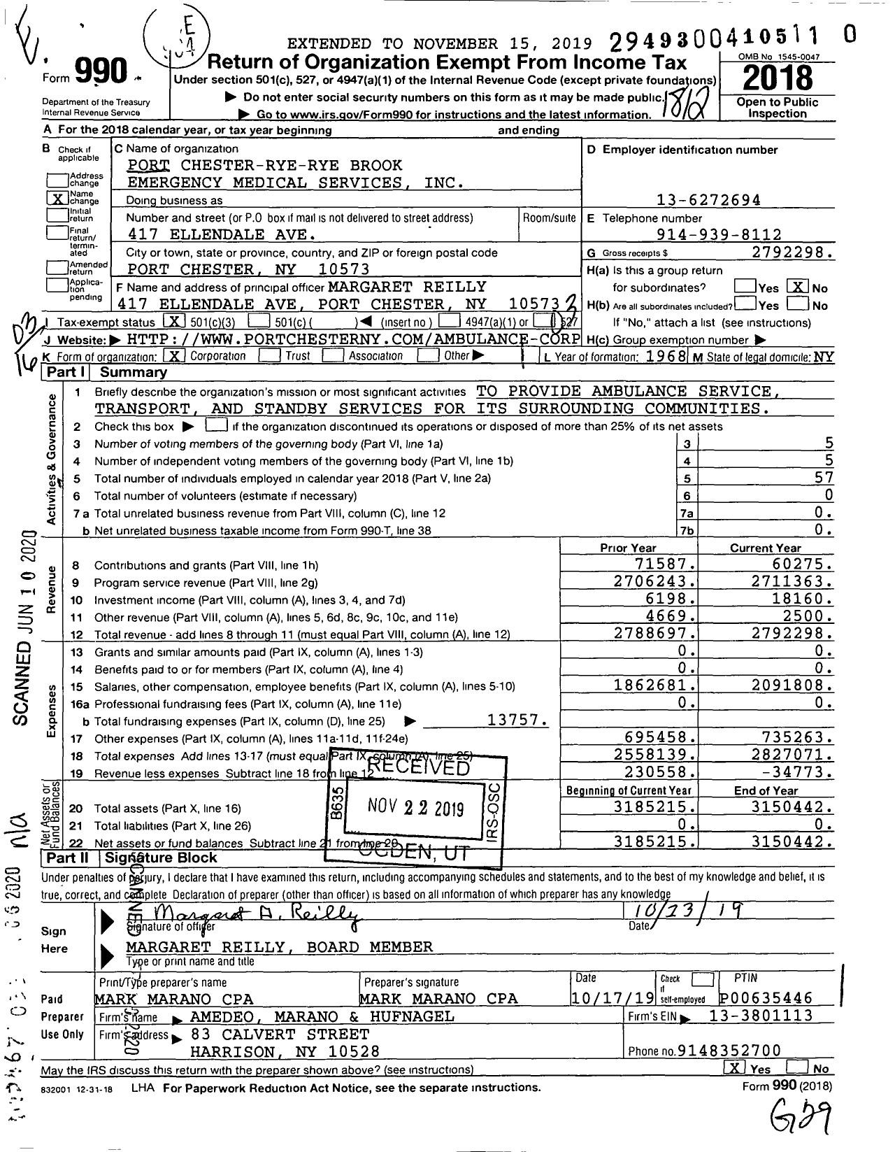 Image of first page of 2018 Form 990 for Port Chester-Rye-Rye Brook Emergency Medical Services