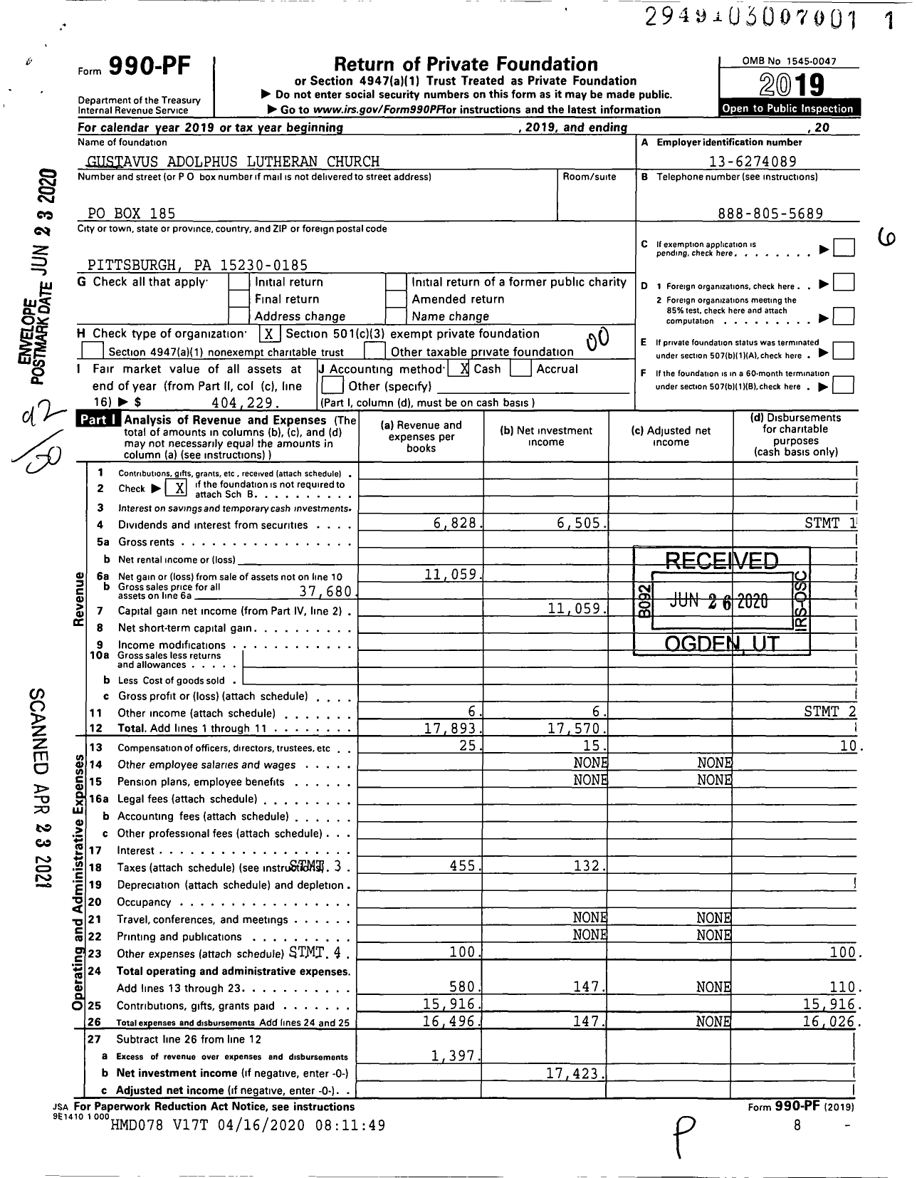 Image of first page of 2019 Form 990PF for Gustavus Adolphus Lutheran Church