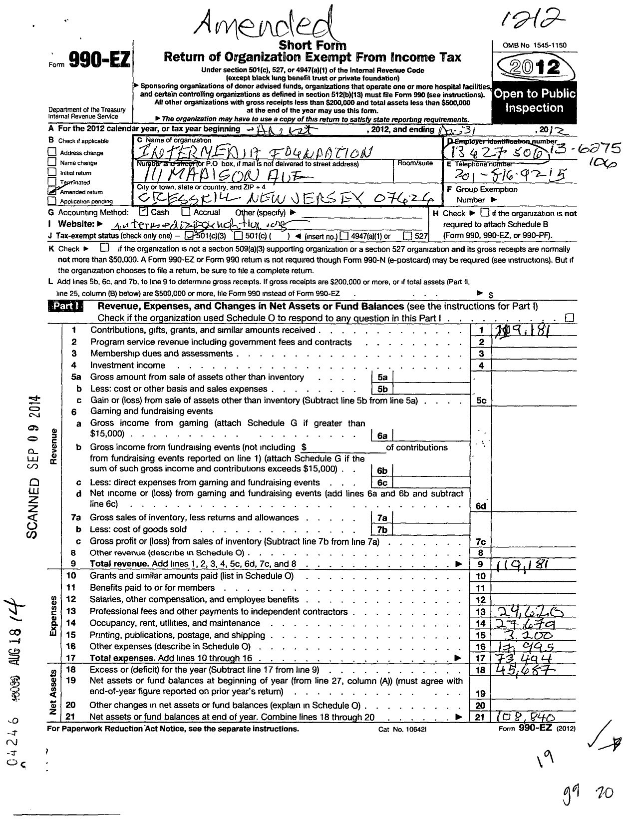 Image of first page of 2012 Form 990EZ for Intermedia Foundation