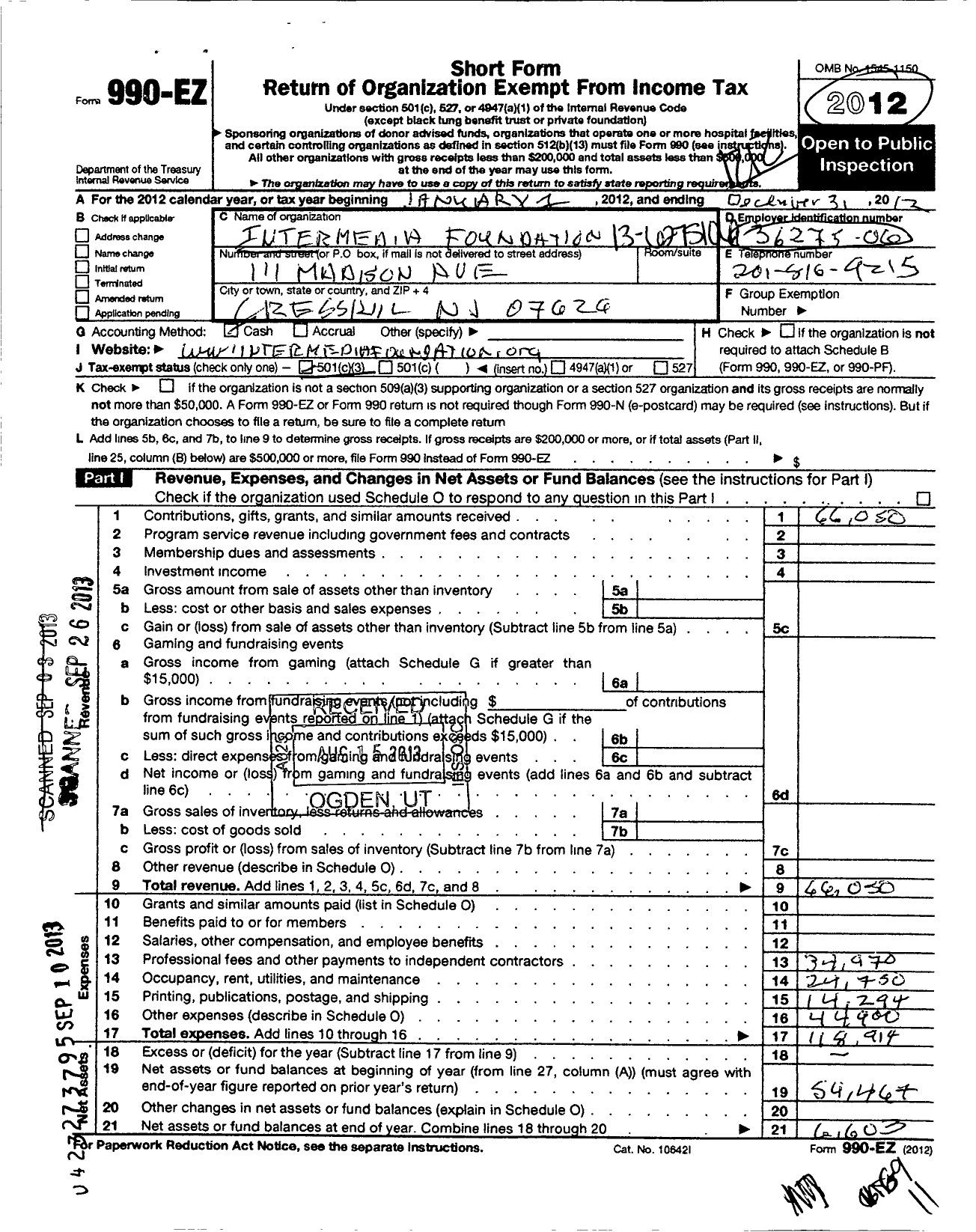 Image of first page of 2012 Form 990EZ for Intermedia Foundation