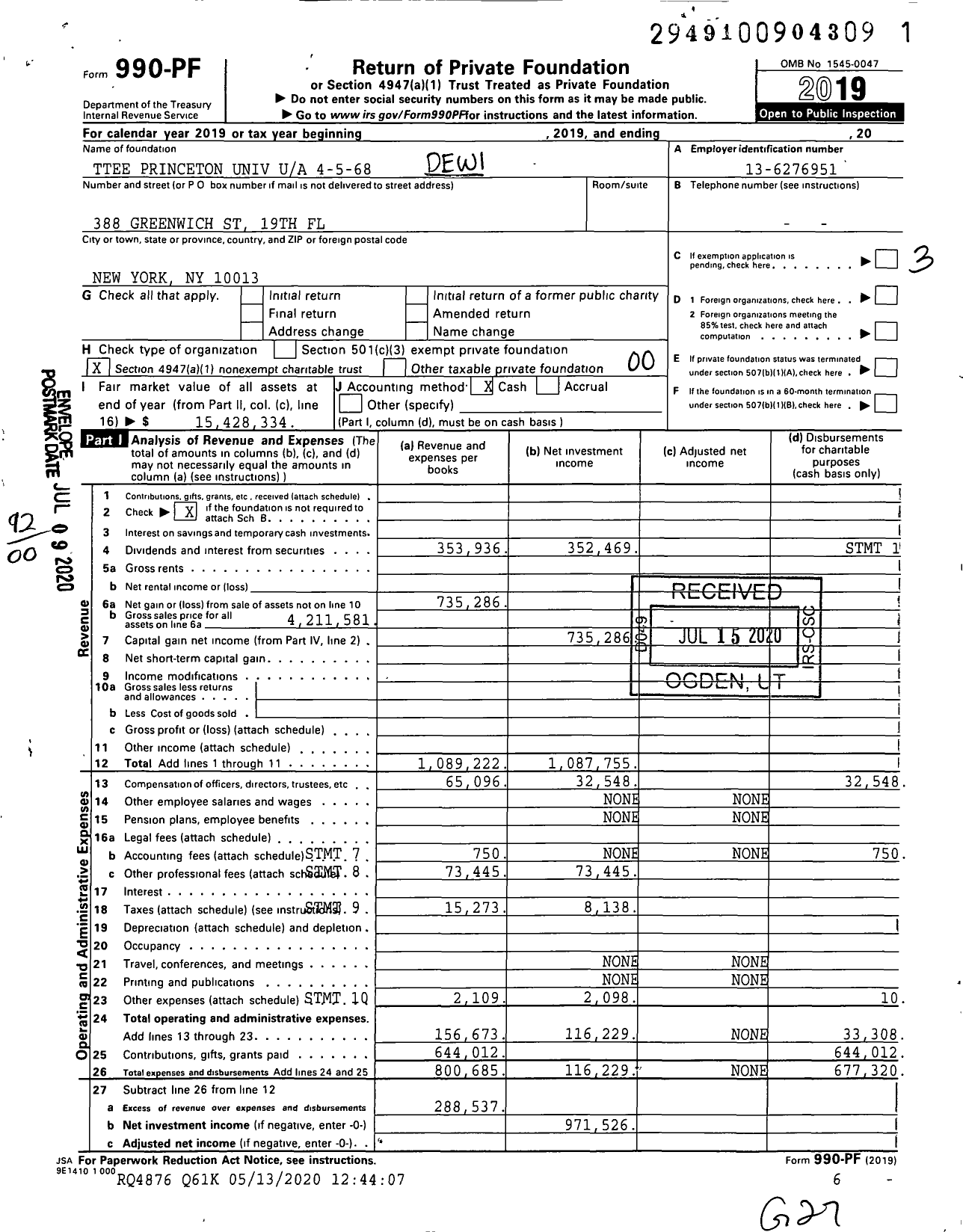 Image of first page of 2019 Form 990PF for Trustees Princeton Univ 4-5-68