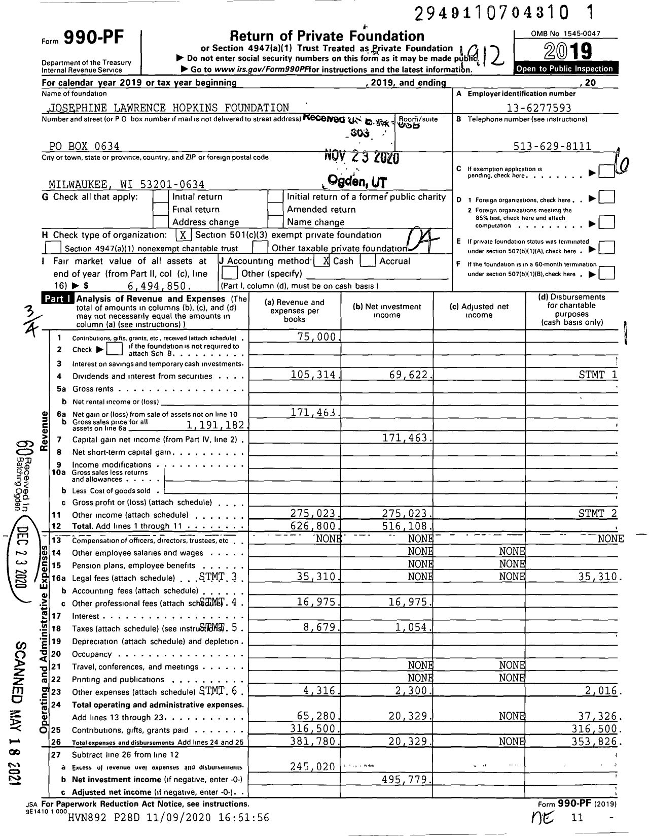 Image of first page of 2019 Form 990PF for Josephine Lawrence Hopkins Foundation