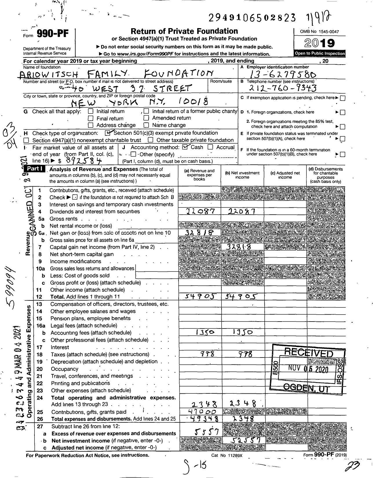 Image of first page of 2019 Form 990PF for Ariowitsch Family Foundation