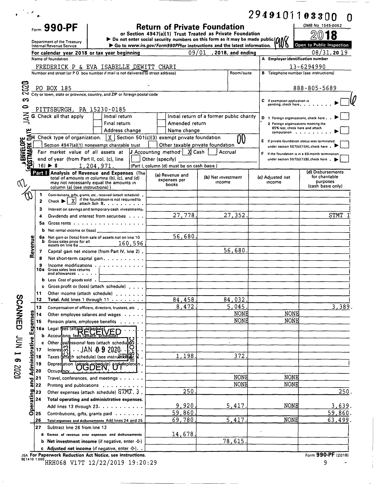 Image of first page of 2018 Form 990PR for Frederick P and Eva Isabelle Dewitt Chari