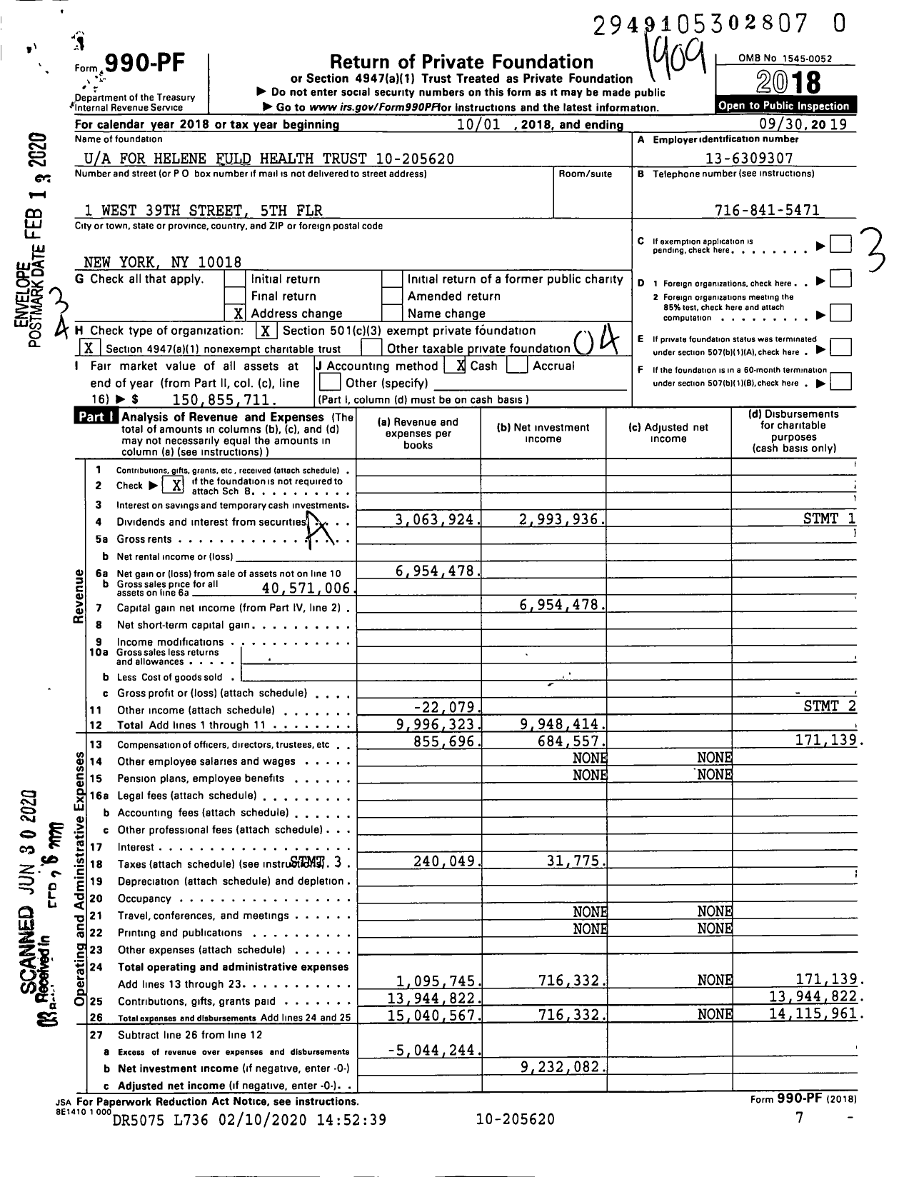 Image of first page of 2018 Form 990PR for Helene Fuld Health Trust