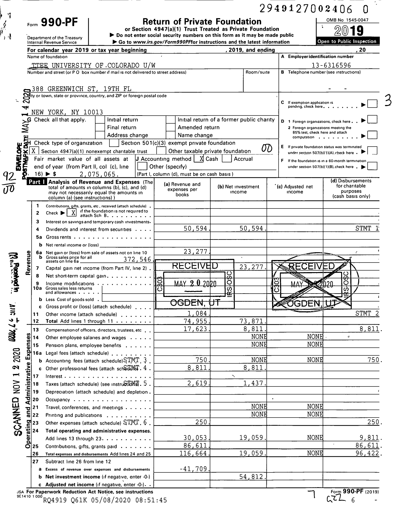 Image of first page of 2019 Form 990PF for Trustees University of Colorado Uw