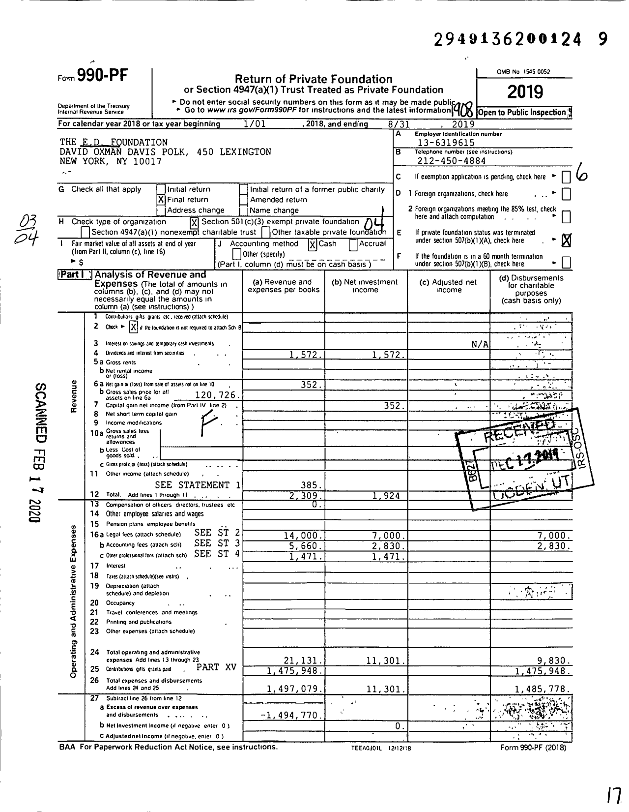 Image of first page of 2018 Form 990PF for The Ed Foundation