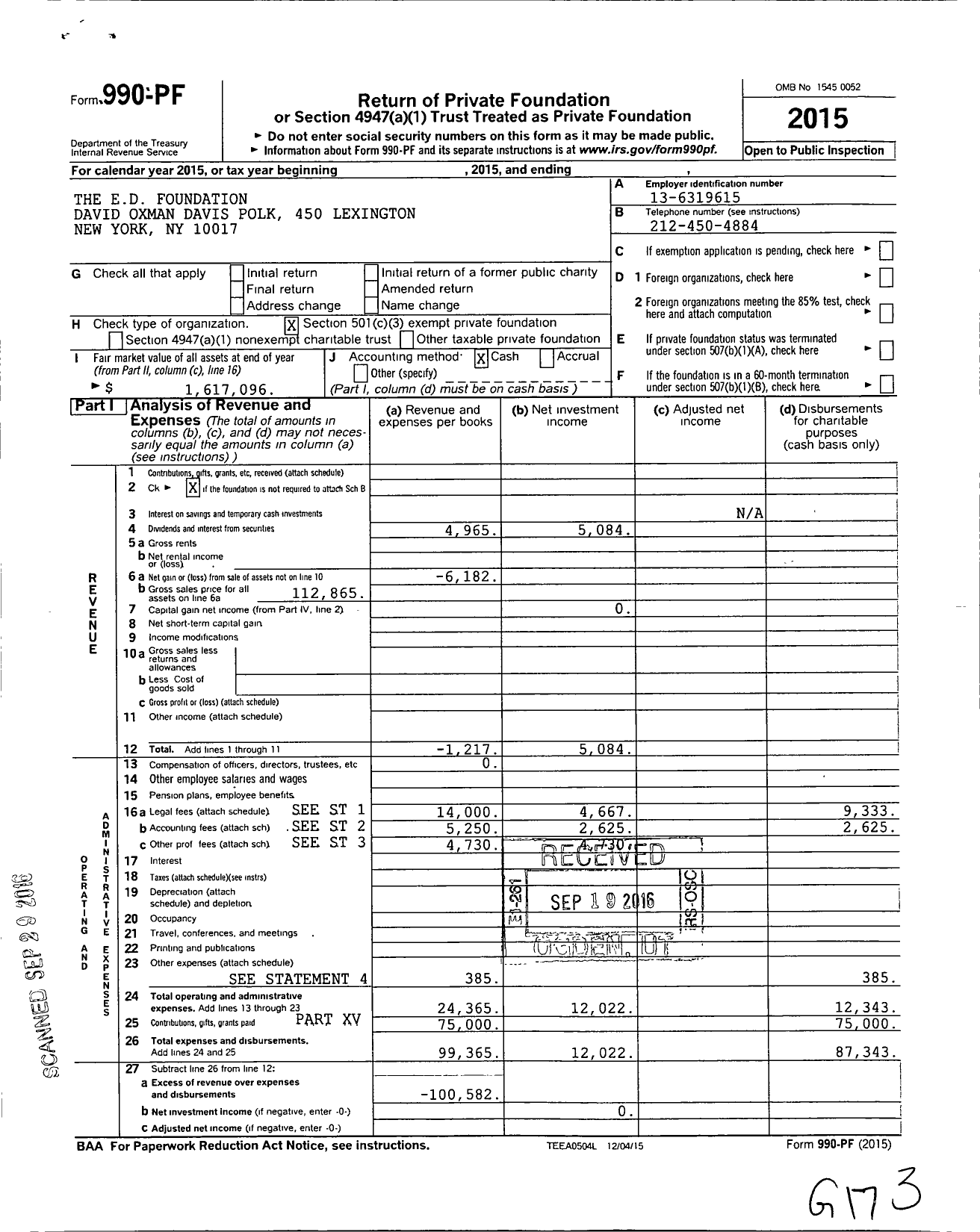 Image of first page of 2015 Form 990PF for The Ed Foundation