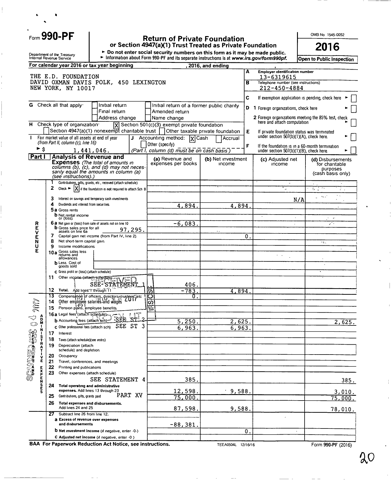 Image of first page of 2016 Form 990PF for The Ed Foundation