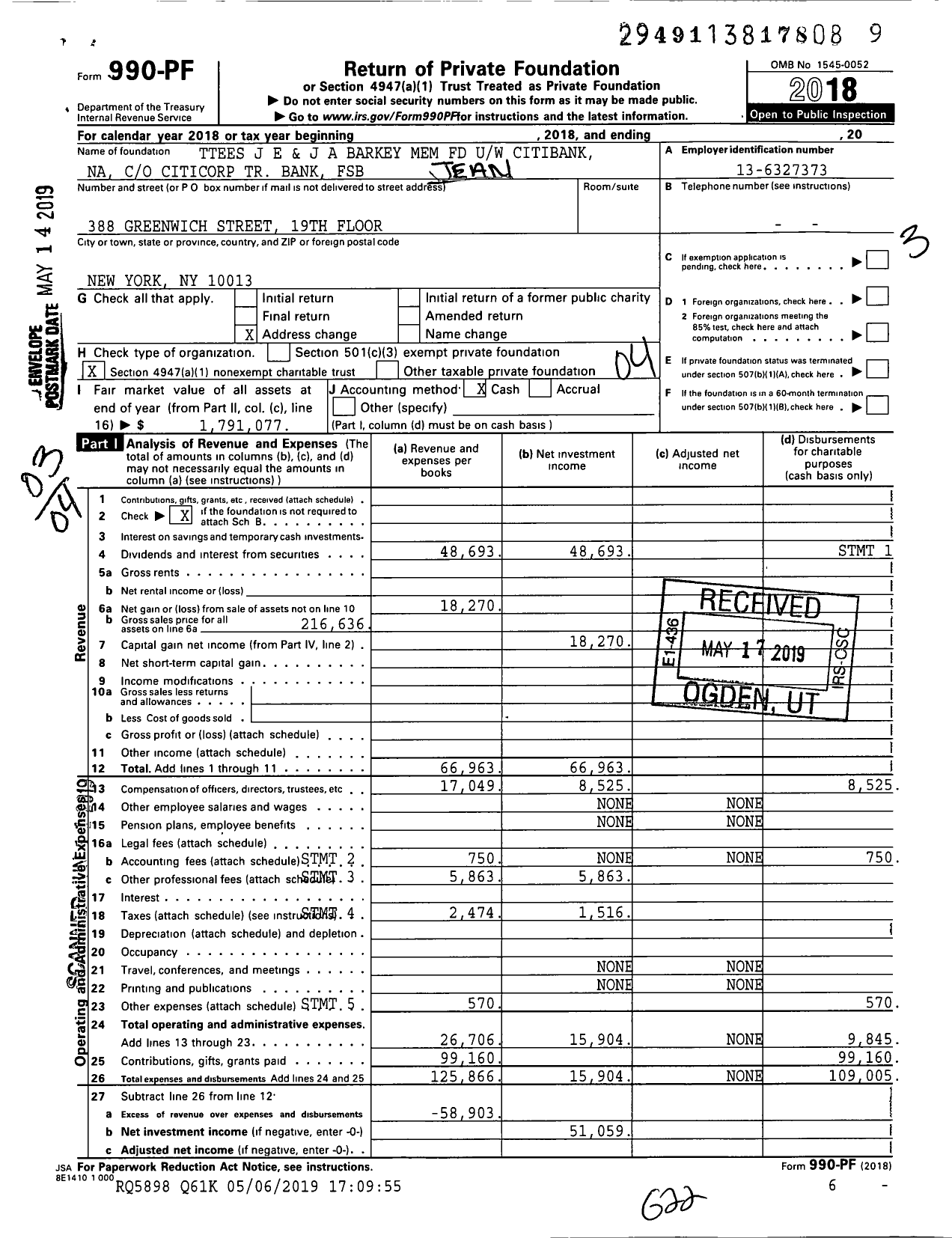 Image of first page of 2018 Form 990PF for Jeanne E and Jacob A Barkey Memorial Fund