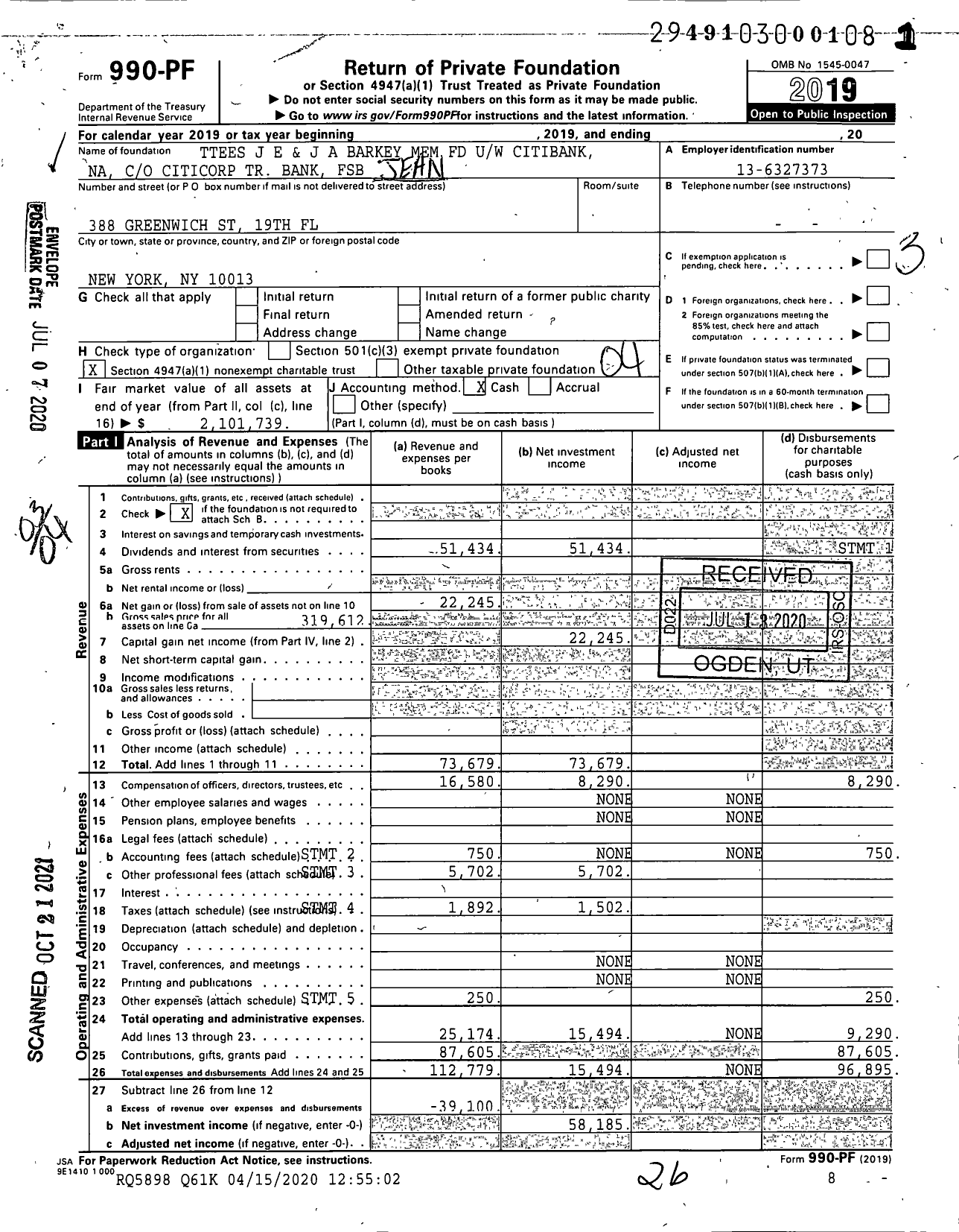 Image of first page of 2019 Form 990PF for Jeanne E and Jacob A Barkey Memorial Fund