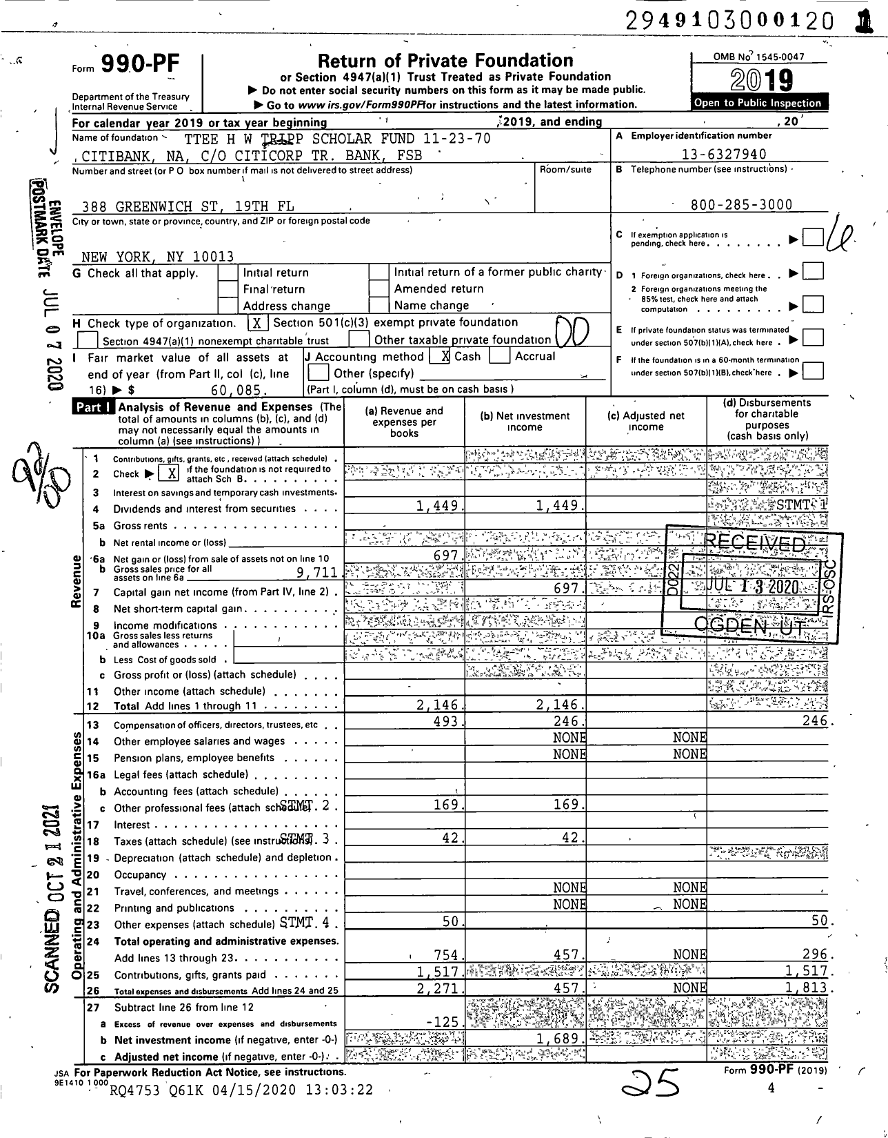 Image of first page of 2019 Form 990PF for Trustees H W Tripp Scholar Fund 11-23-70