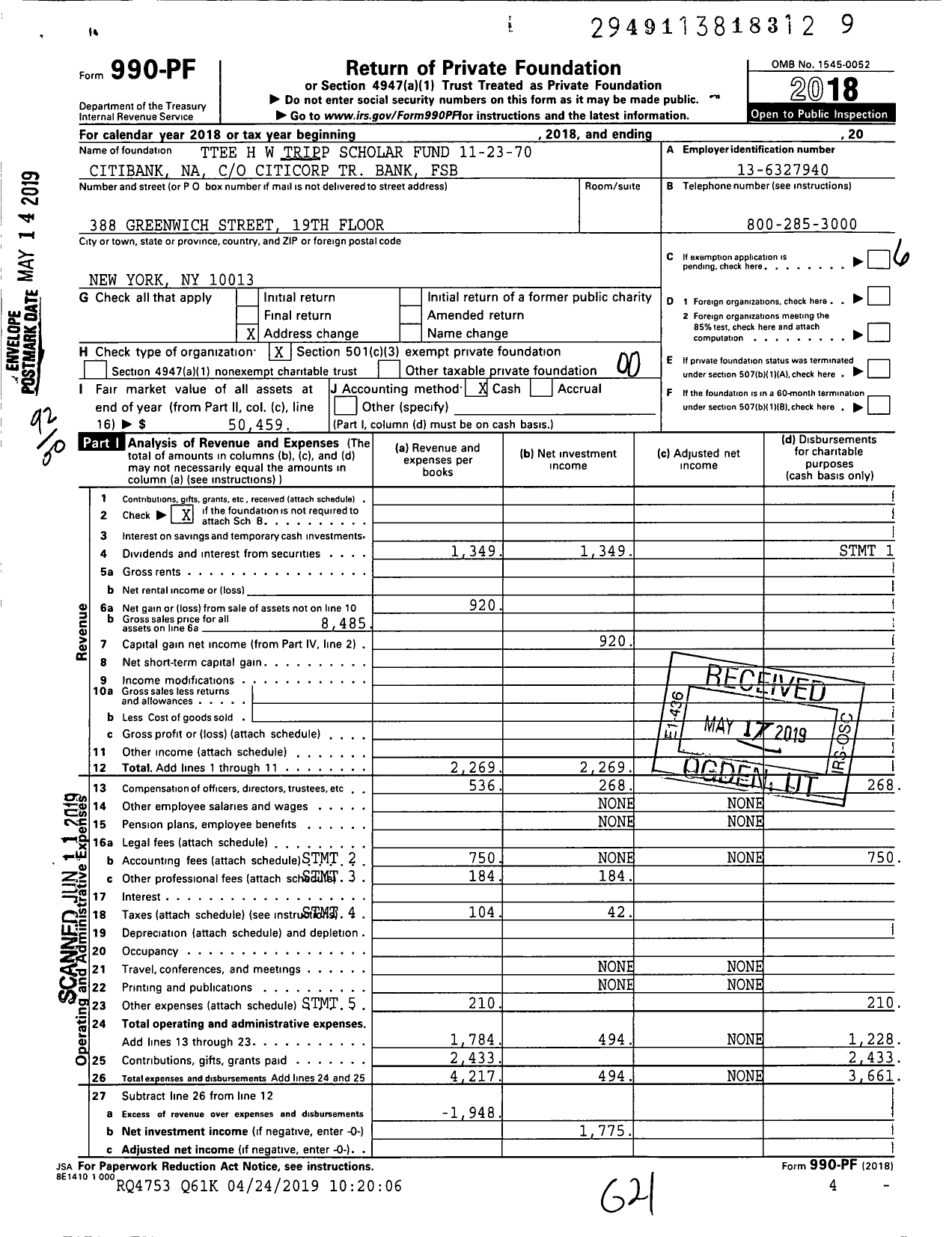 Image of first page of 2018 Form 990PF for Trustees H W Tripp Scholar Fund 11-23-70