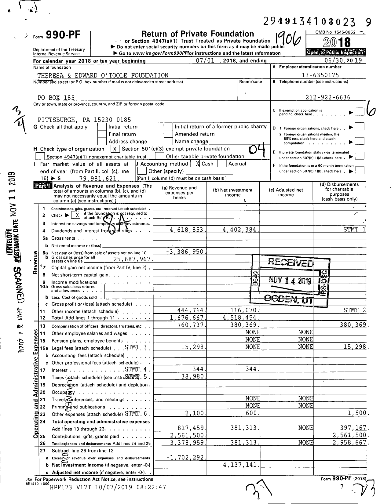 Image of first page of 2018 Form 990PF for Theresa and Edward O'toole Foundation