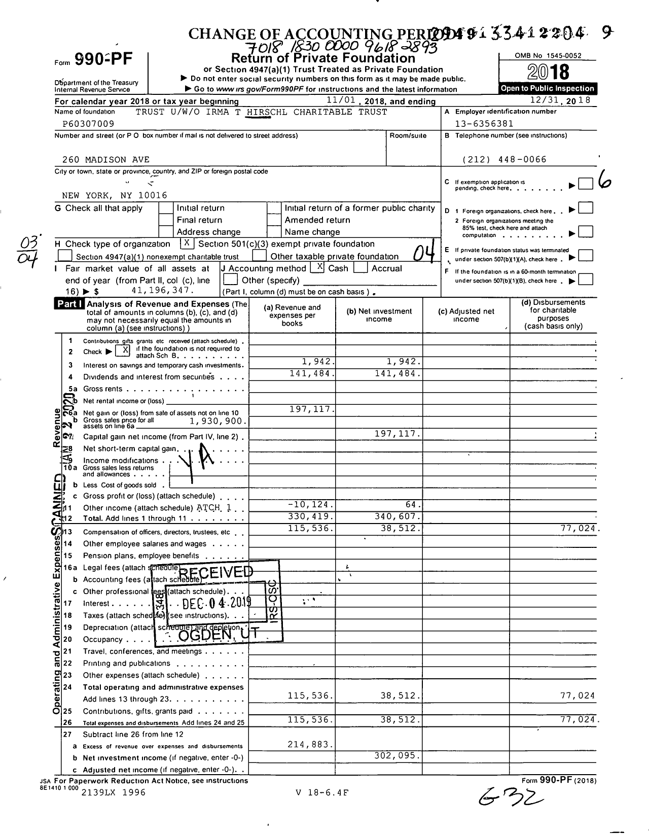 Image of first page of 2018 Form 990PF for Trust Uwo Irma T Hirschl Charitable Trust