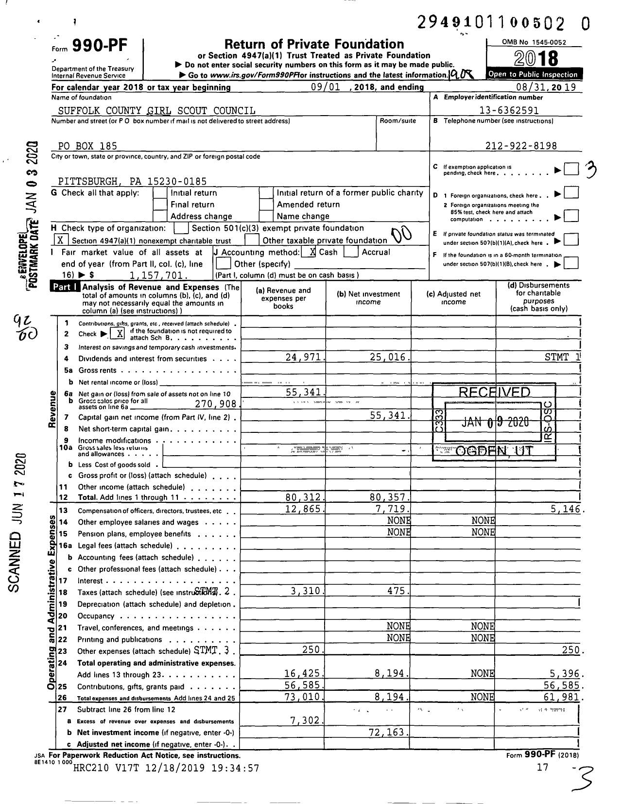 Image of first page of 2018 Form 990PR for Suffolk County Girl Scout Council