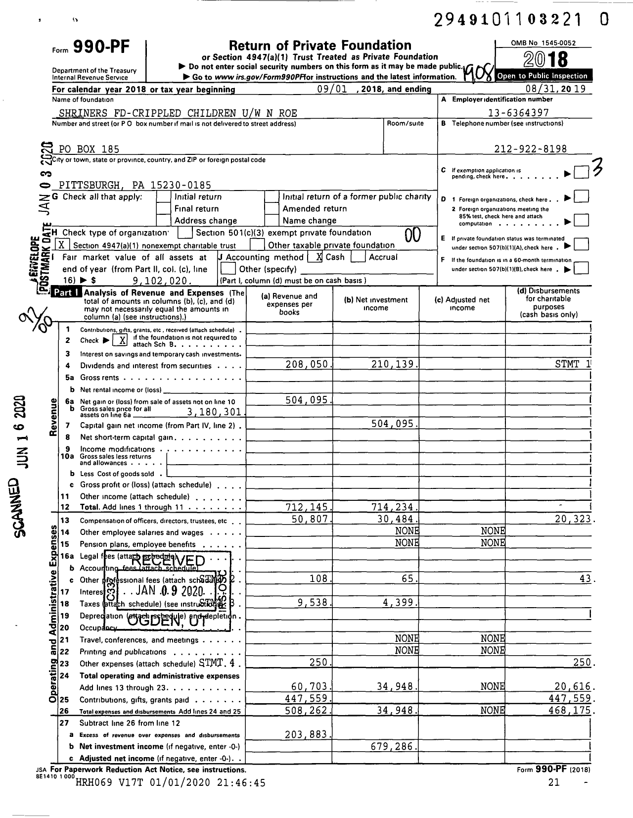 Image of first page of 2018 Form 990PR for Shriners Fd-Crippled Children Uw N Roe