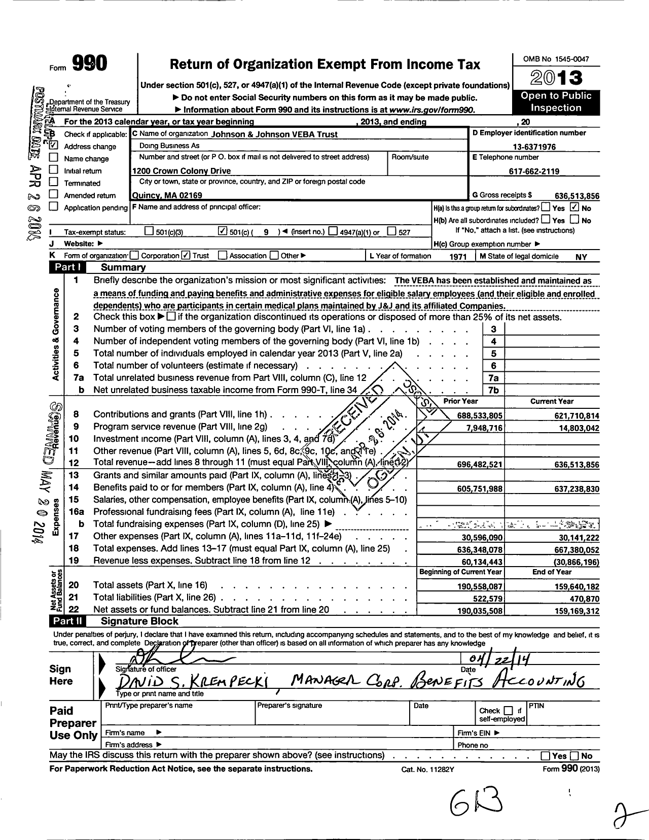 Image of first page of 2013 Form 990O for Johnson and Johnson Veba Trust