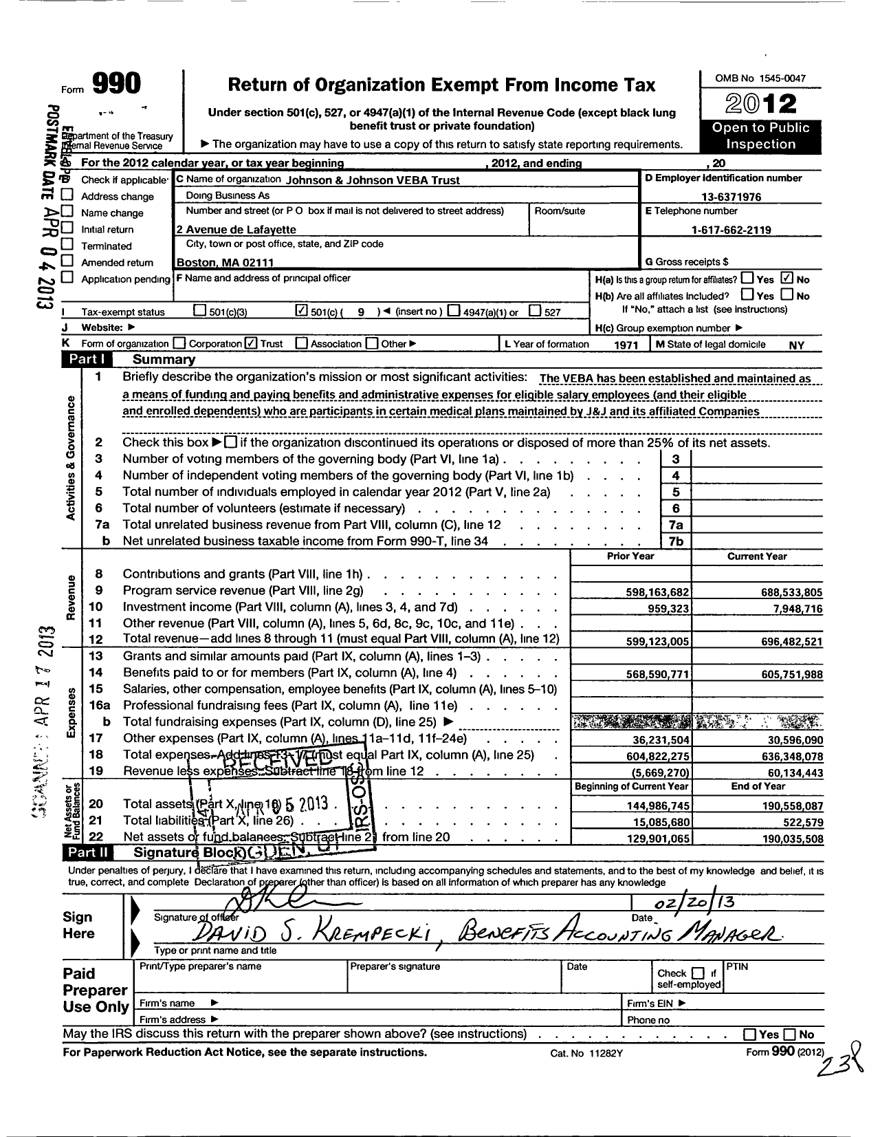 Image of first page of 2012 Form 990O for Johnson and Johnson Veba Trust