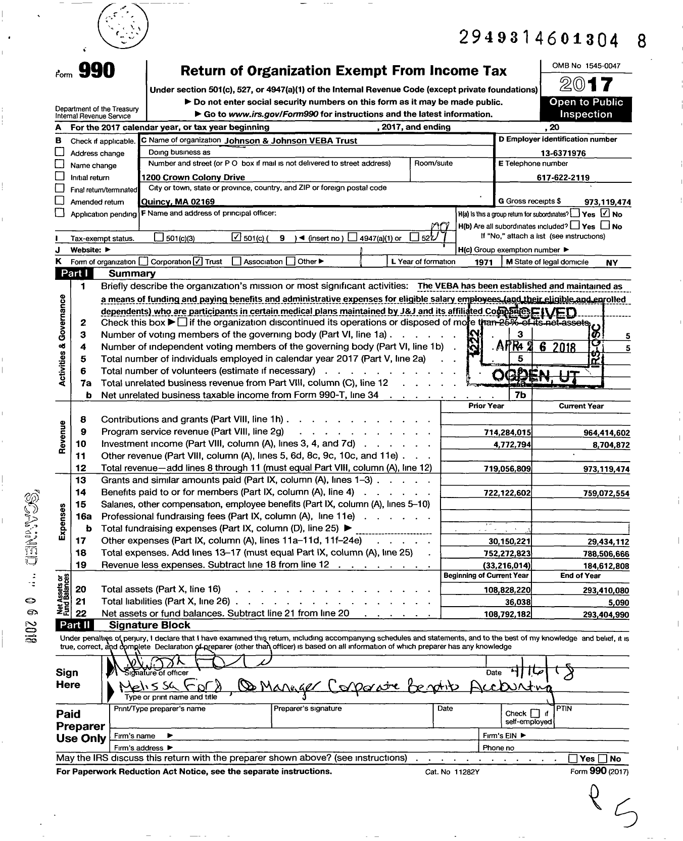 Image of first page of 2017 Form 990O for Johnson and Johnson Veba Trust
