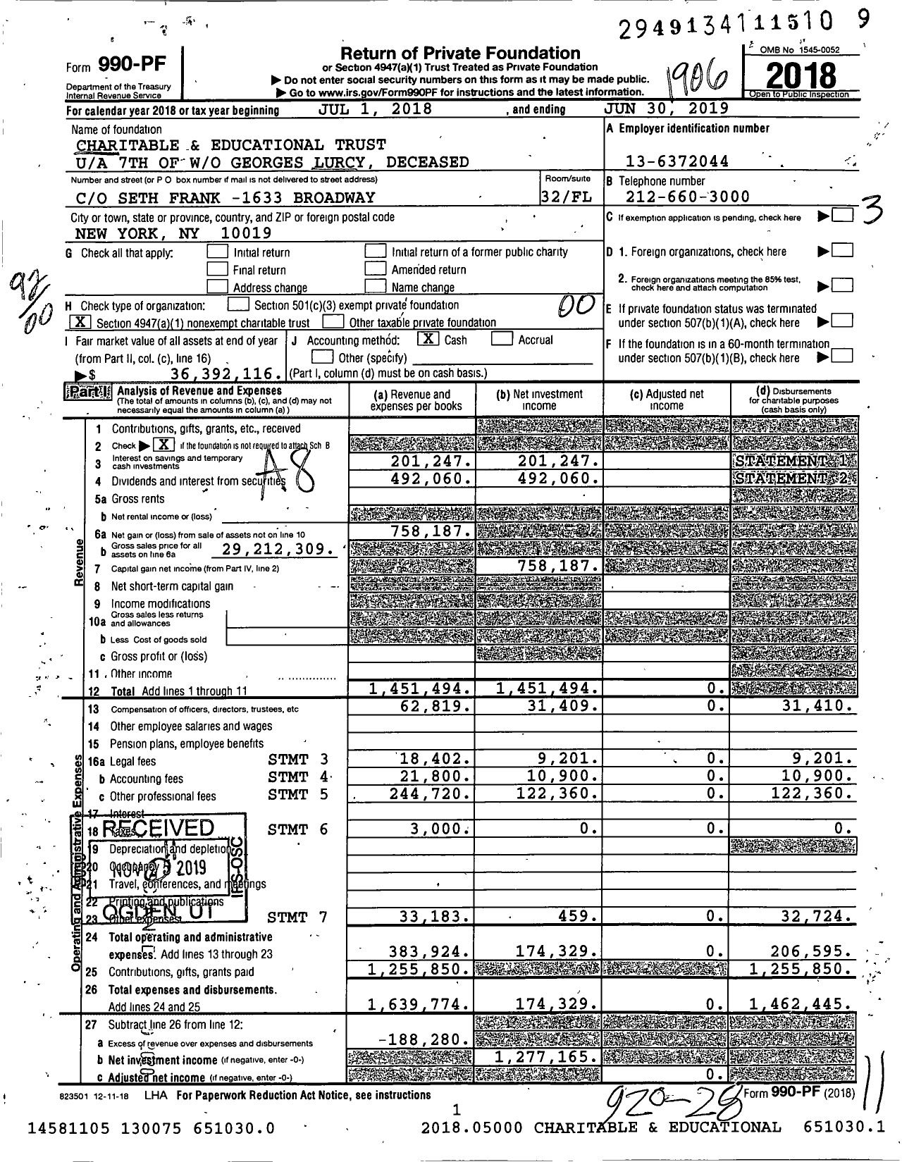 Image of first page of 2018 Form 990PF for Charitable and Educational Trust 7th of W / O Georges Lurcy Deceased