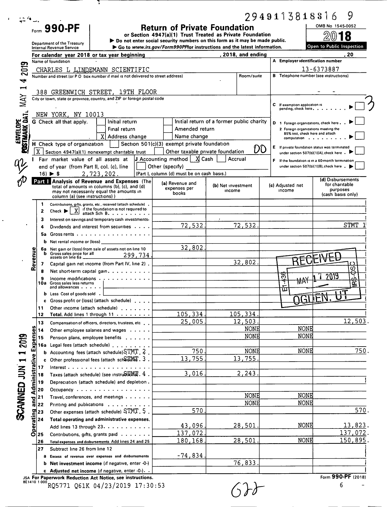 Image of first page of 2018 Form 990PF for Charles L Lindemann Scientific