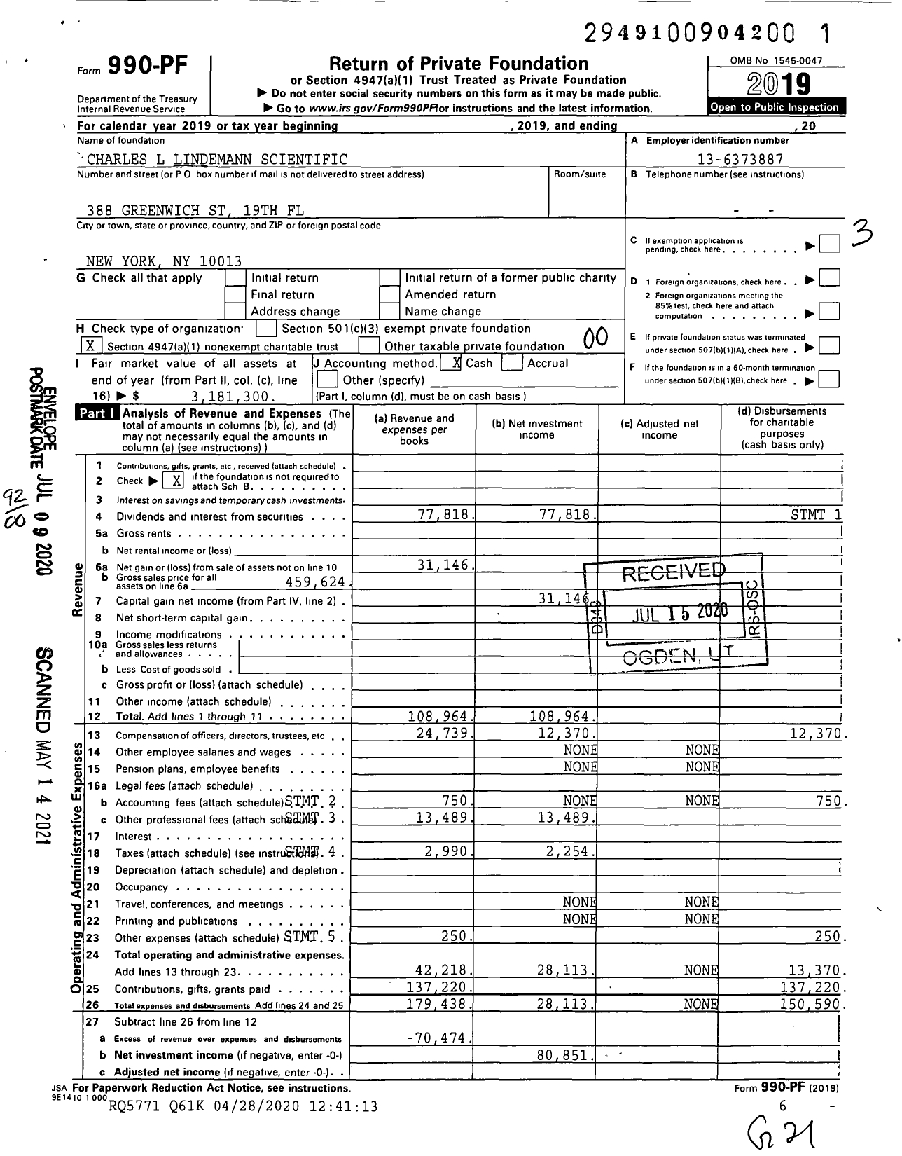 Image of first page of 2019 Form 990PF for Charles L Lindemann Scientific