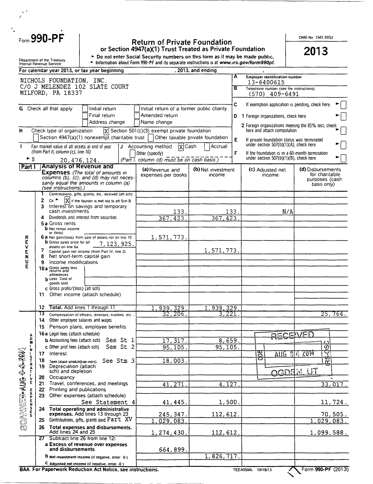 Image of first page of 2013 Form 990PF for Nichols Foundation