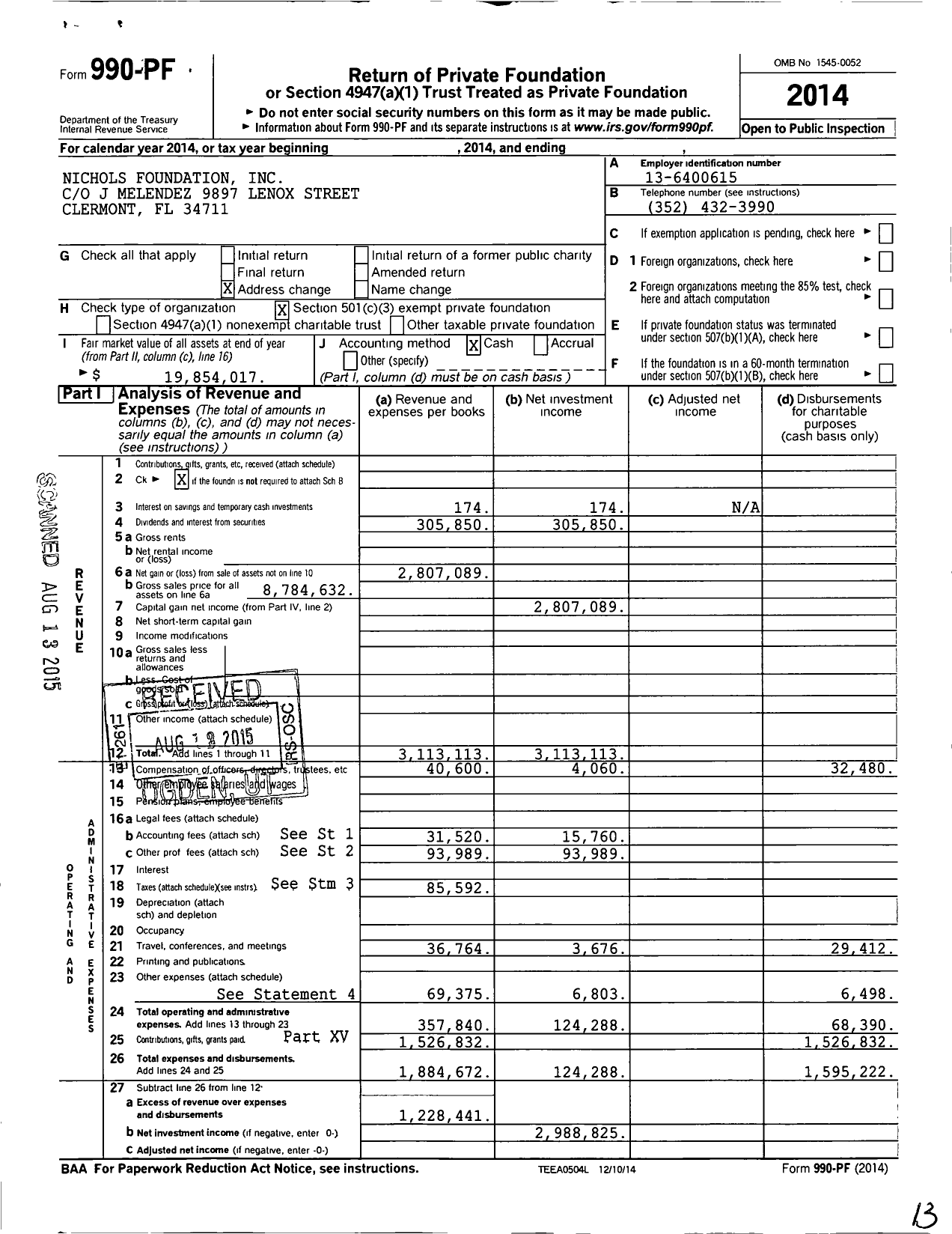 Image of first page of 2014 Form 990PF for Nichols Foundation
