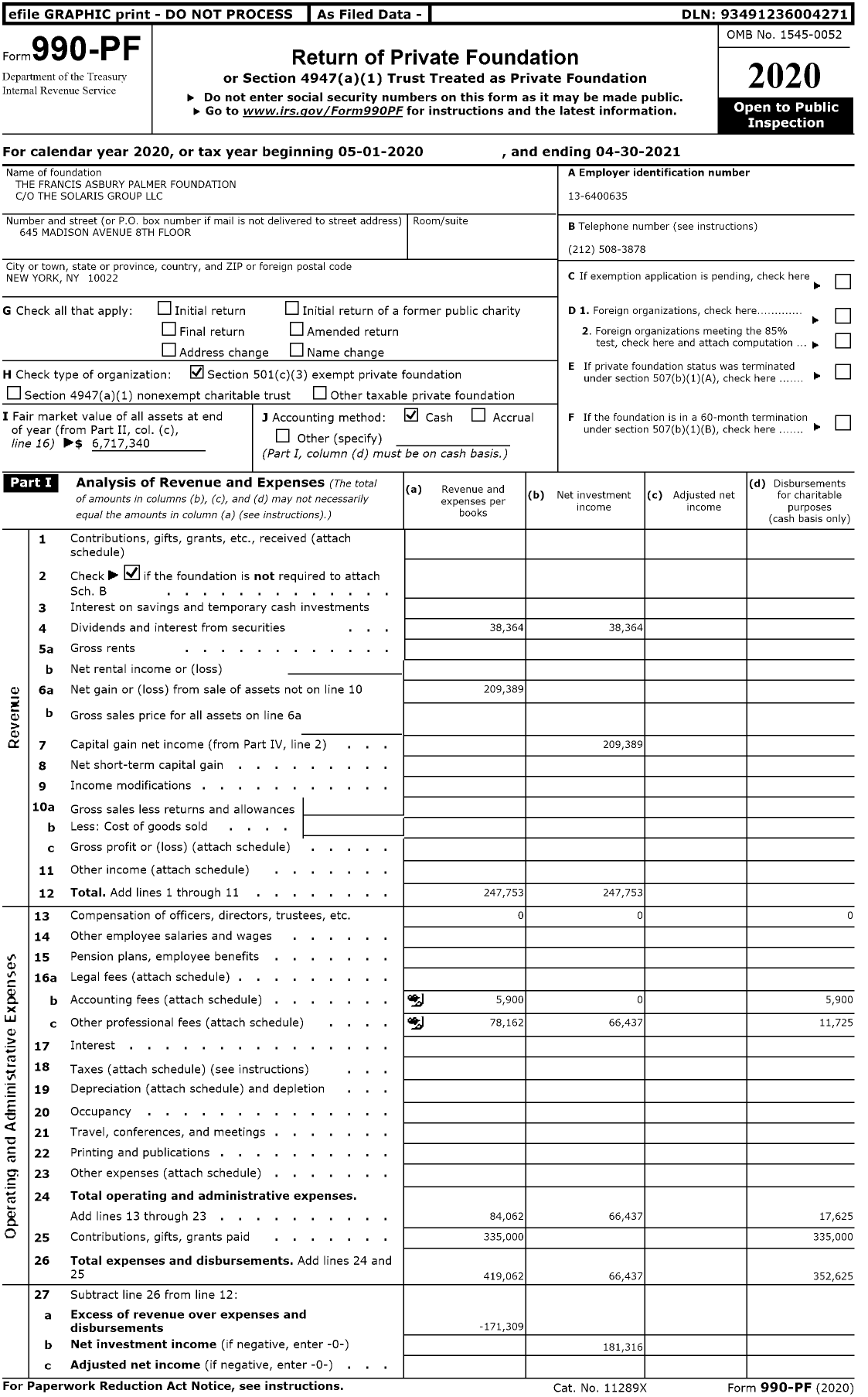 Image of first page of 2020 Form 990PF for The Francis Asbury Palmer Foundation