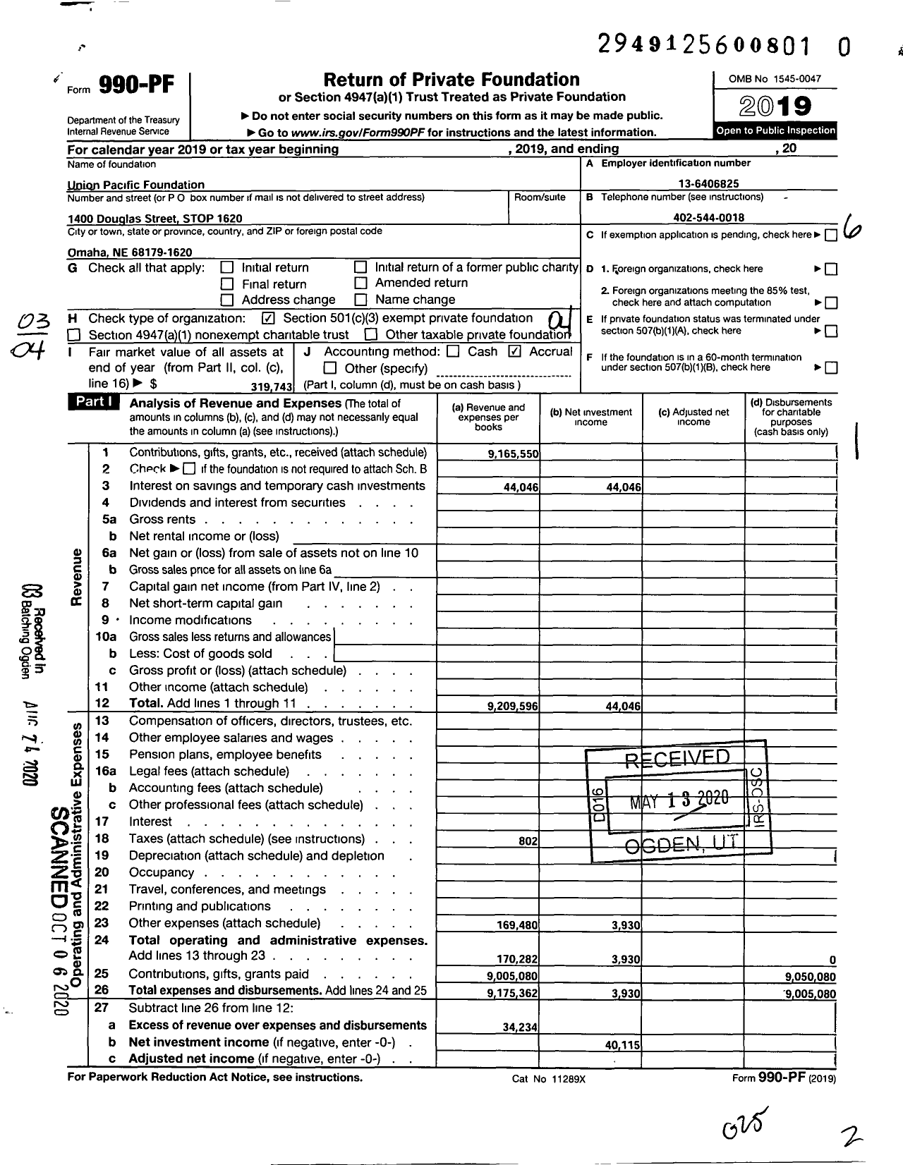 Image of first page of 2019 Form 990PR for Union Pacific Foundation