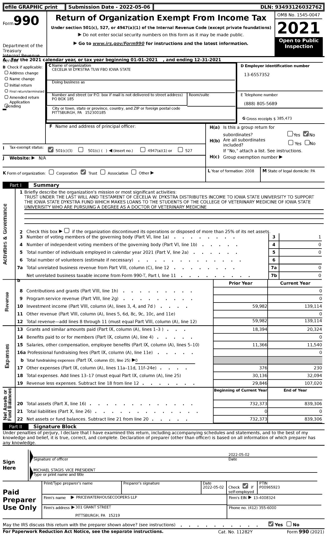 Image of first page of 2021 Form 990 for Cecelia W Dykstra Tuw Fbo Iowa State