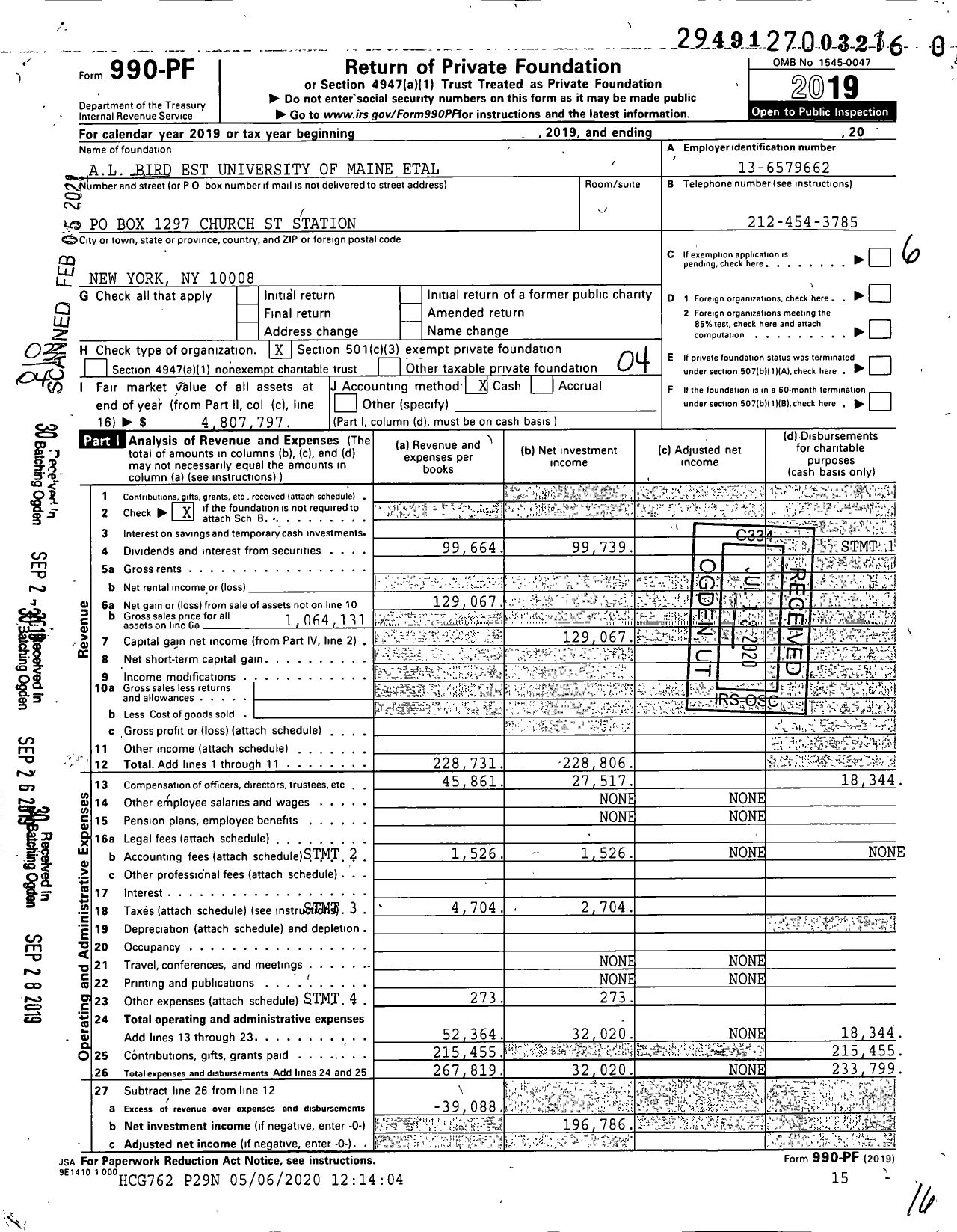 Image of first page of 2019 Form 990PF for Al Bird Est University of Maine Etal