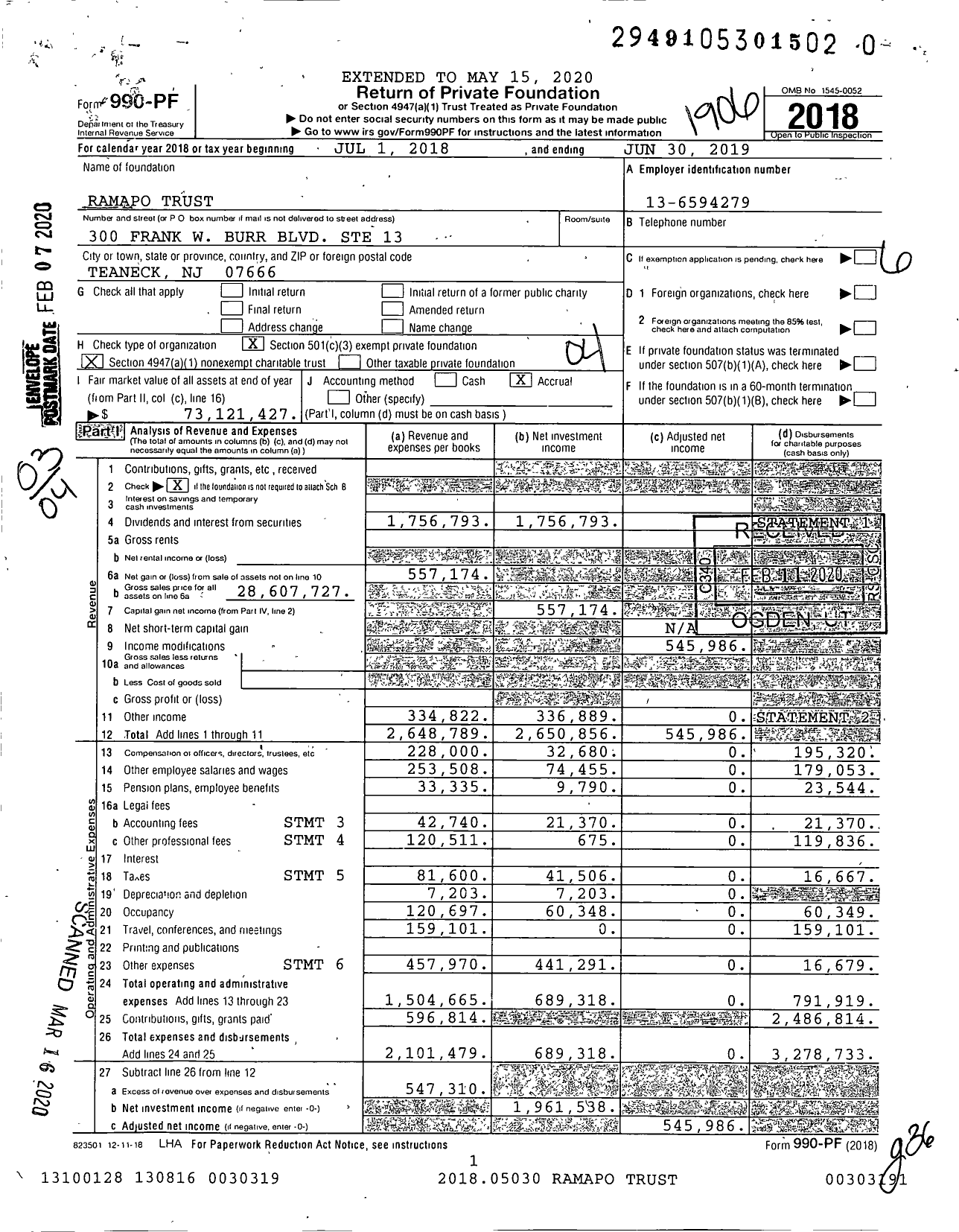 Image of first page of 2018 Form 990PR for Ramapo Trust