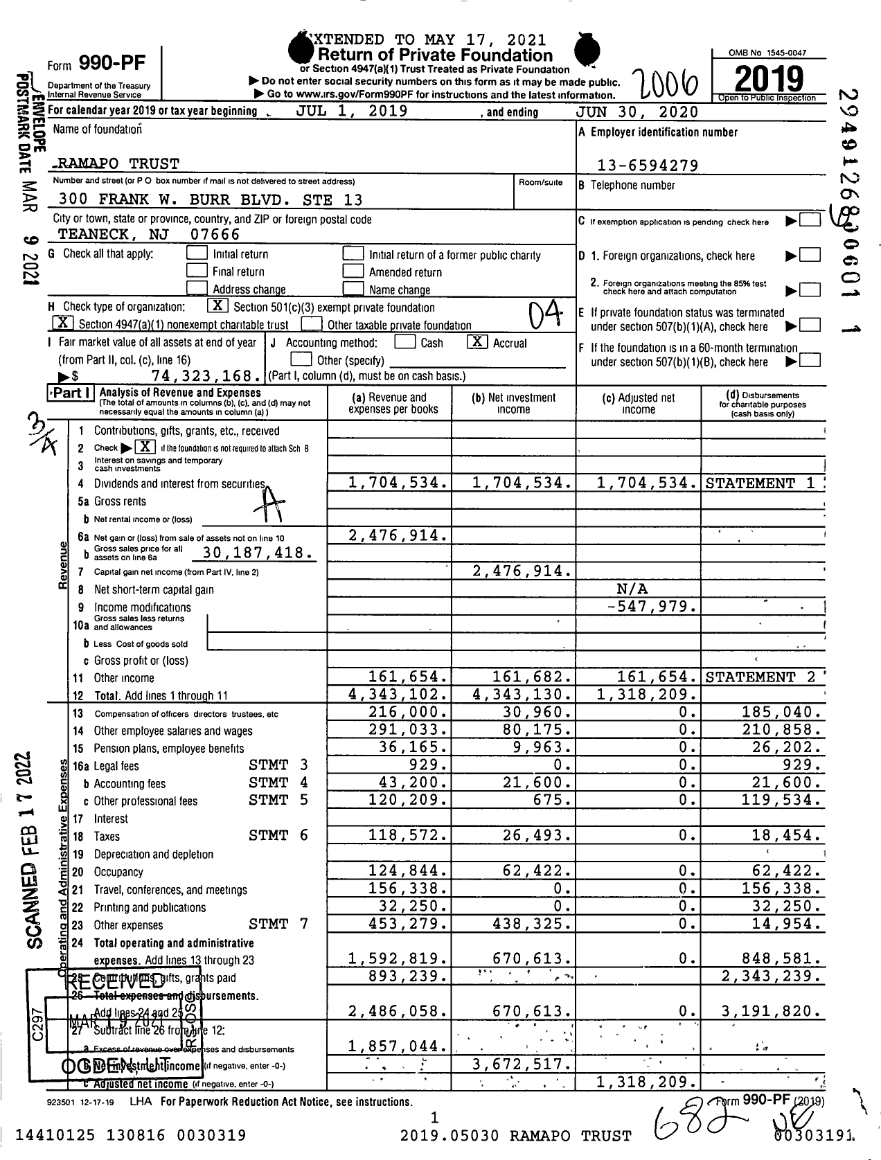 Image of first page of 2019 Form 990PF for Ramapo Trust
