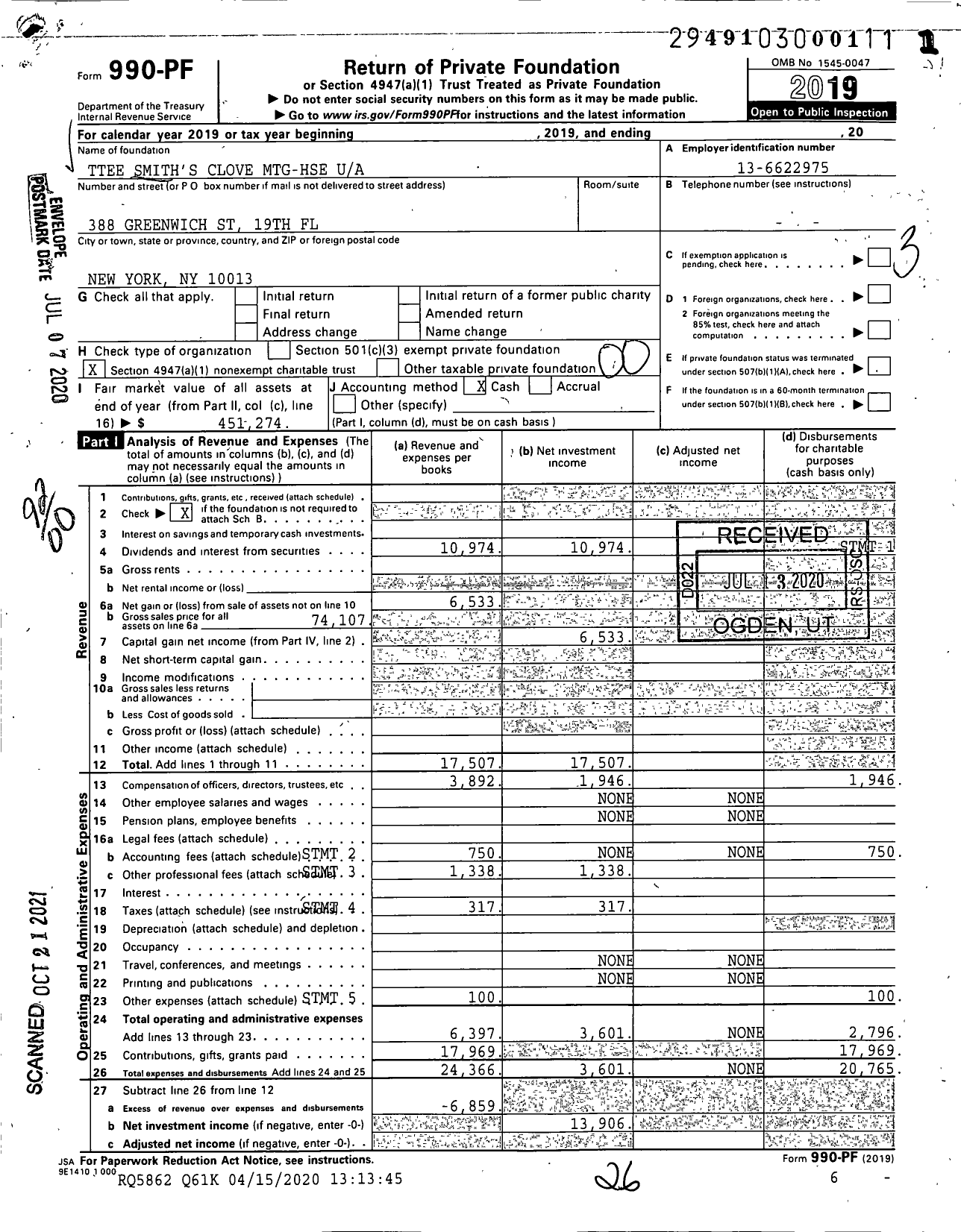 Image of first page of 2019 Form 990PF for Trustees Smith's Clove Mtg-Hse