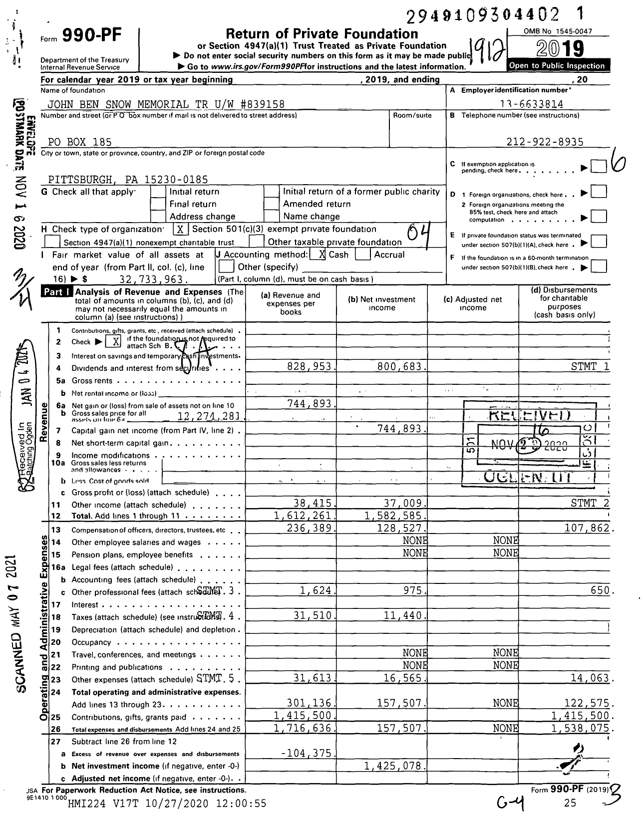 Image of first page of 2019 Form 990PF for John Ben Snow Memorial TR Uw #839158