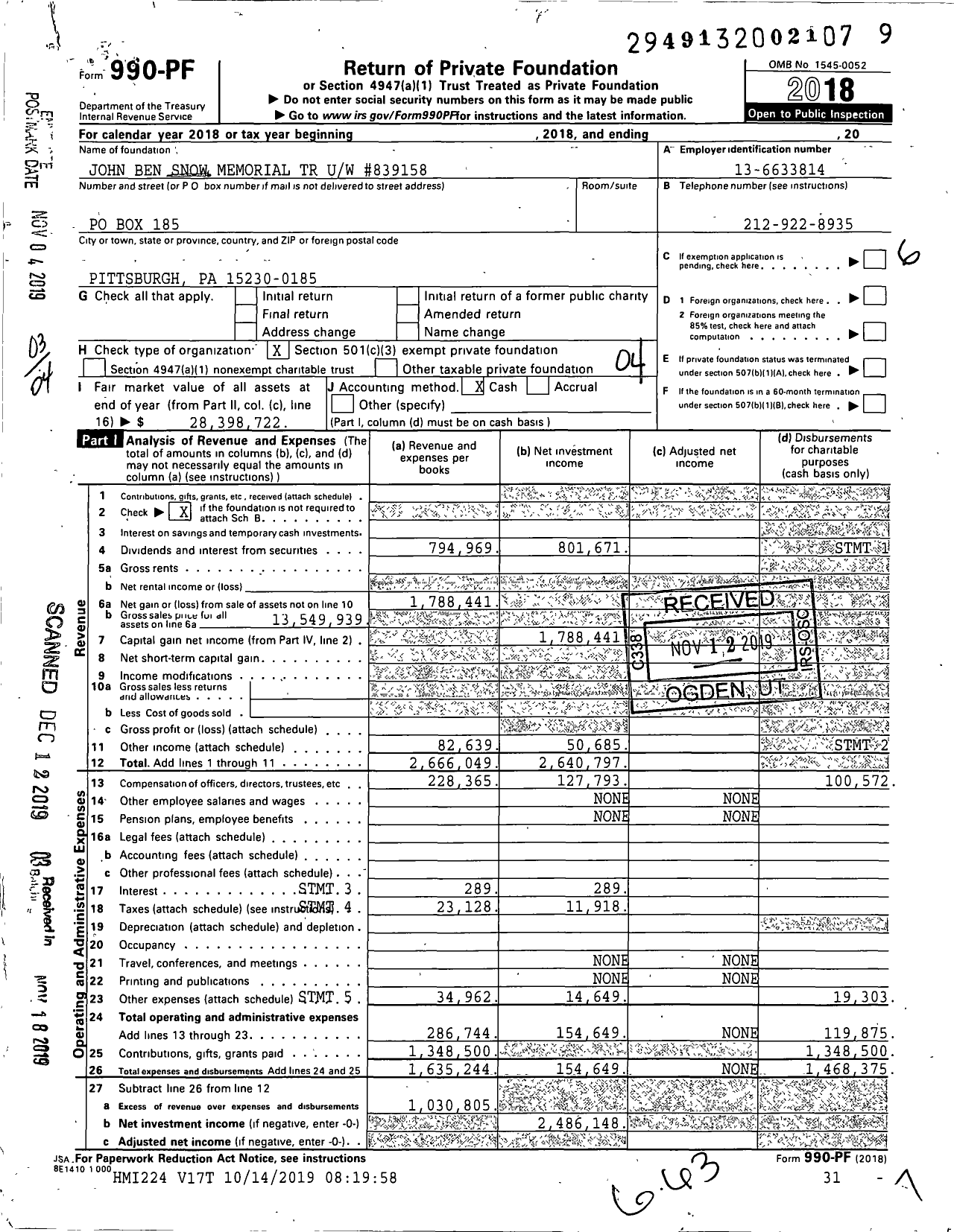 Image of first page of 2018 Form 990PF for John Ben Snow Memorial TR Uw #839158