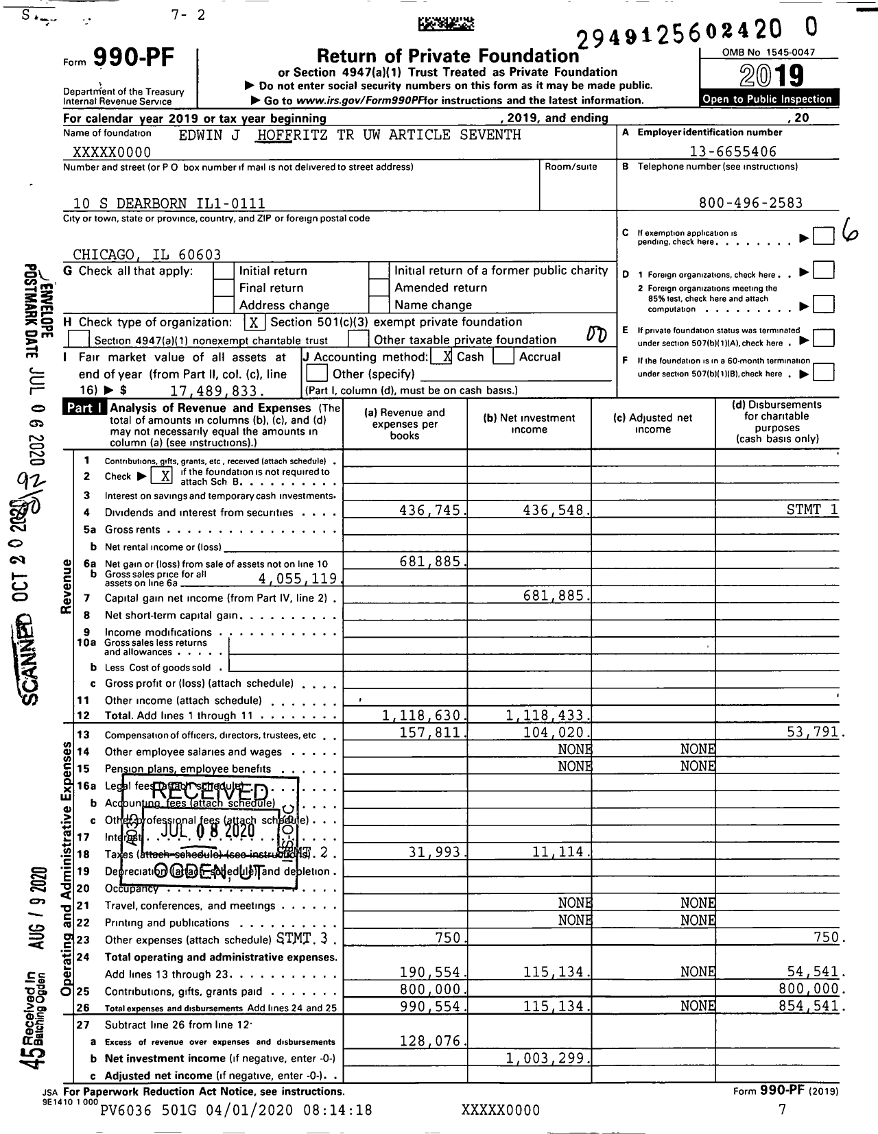 Image of first page of 2019 Form 990PR for Edwin J Hoffritz TR Uw Article Seventh