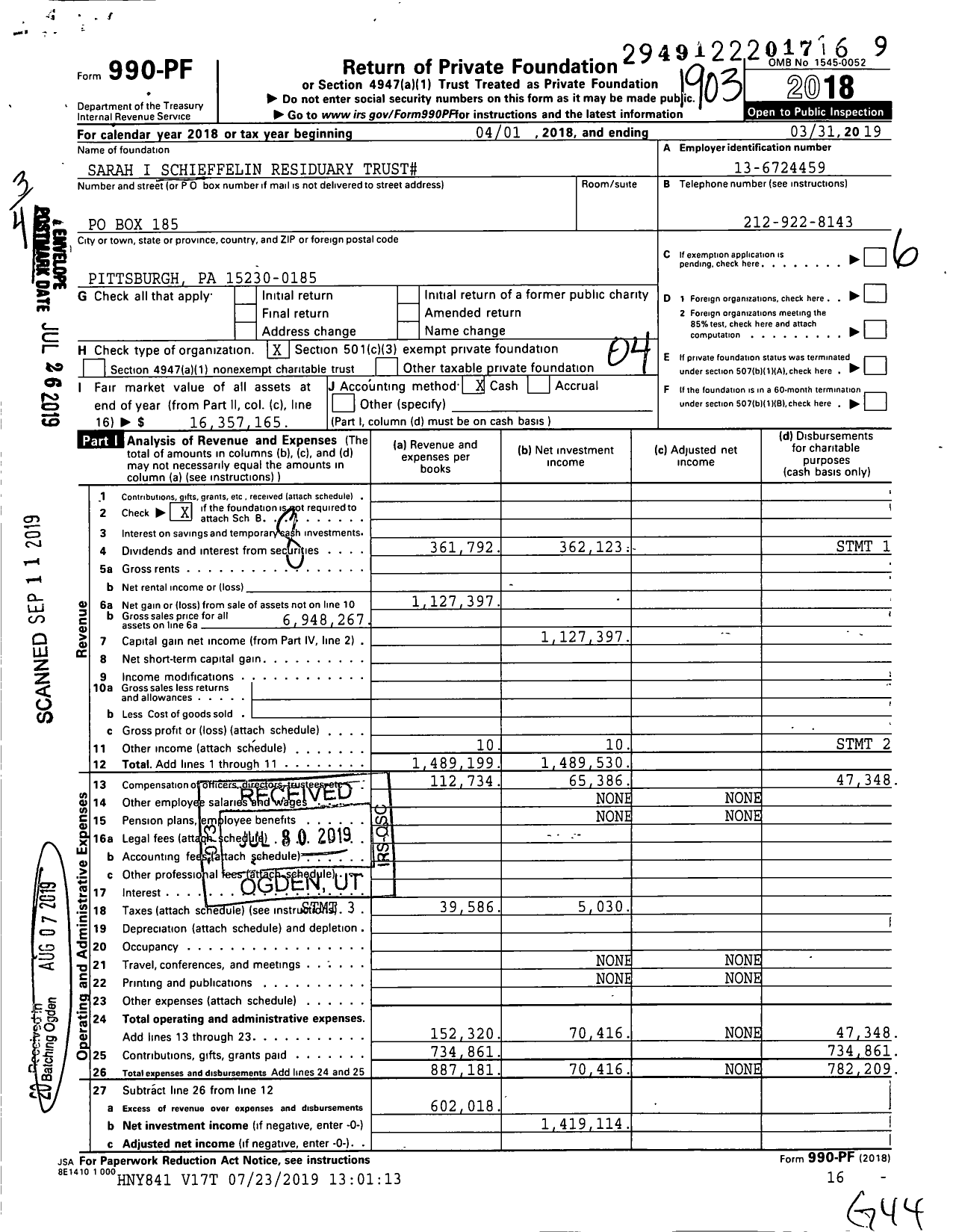 Image of first page of 2018 Form 990PF for Sarah I Schieffelin Residuary Trust#