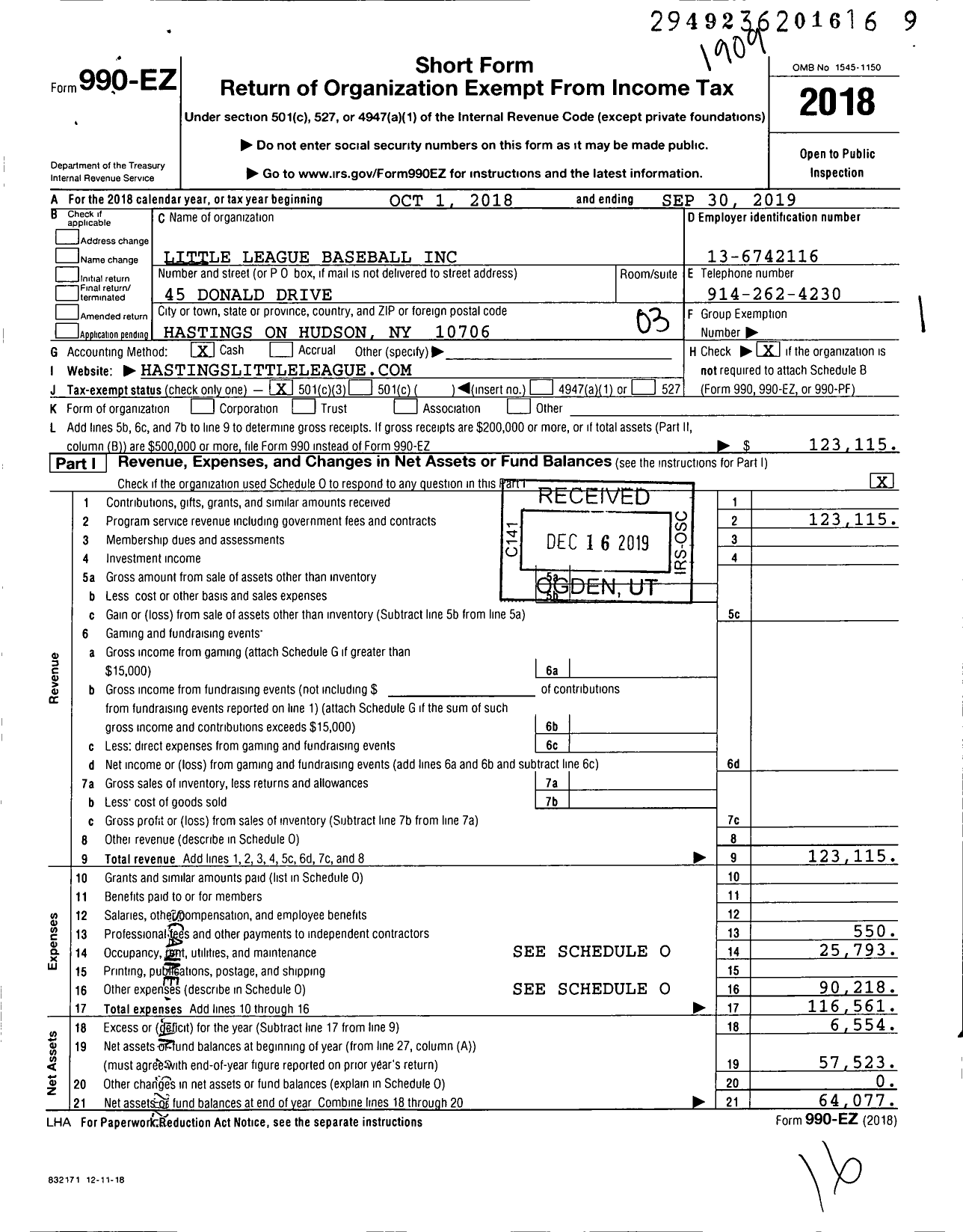 Image of first page of 2018 Form 990EZ for Little League Baseball - 2322009 Hastings on Hudson LL