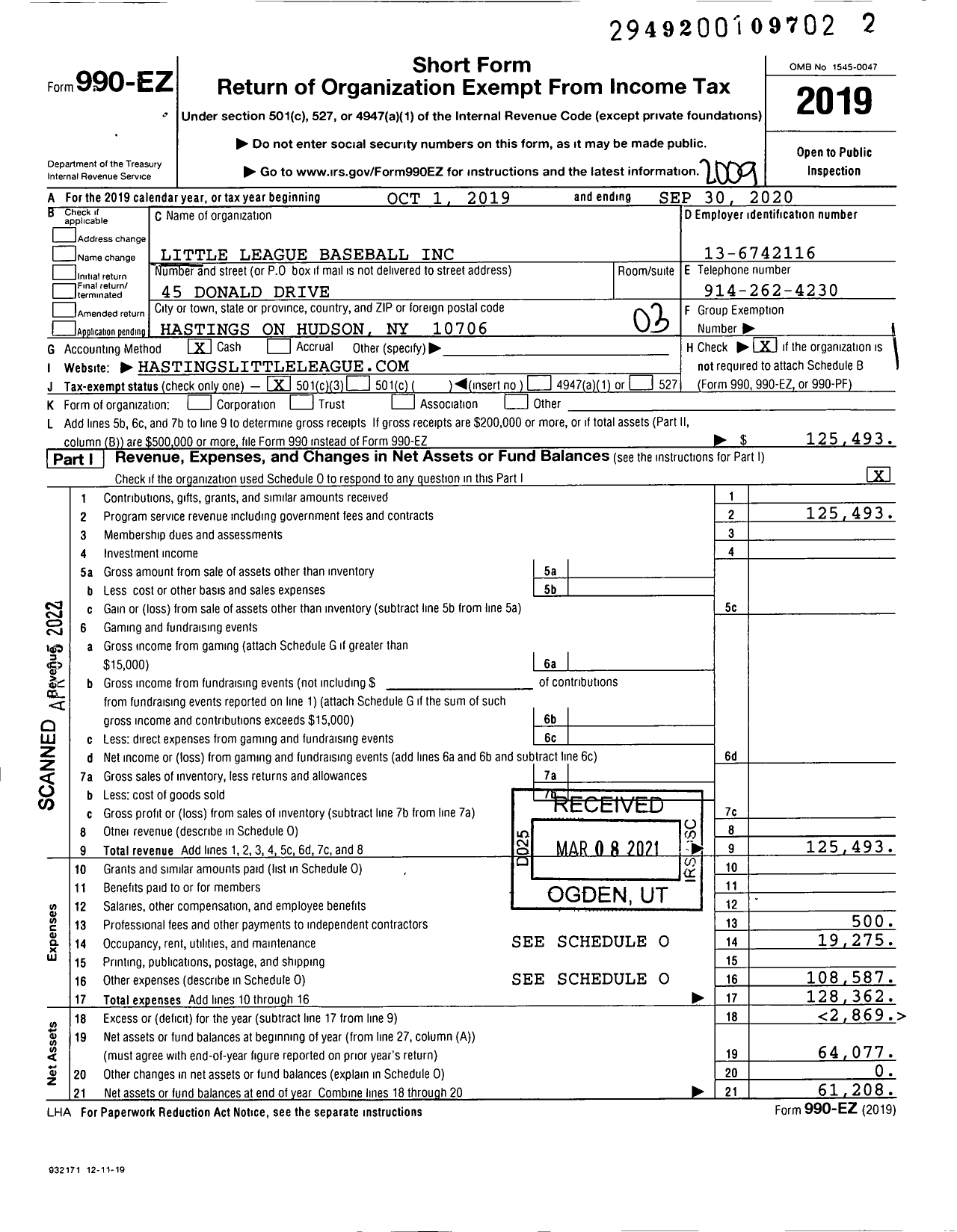 Image of first page of 2019 Form 990EZ for Little League Baseball - 2322009 Hastings on Hudson LL